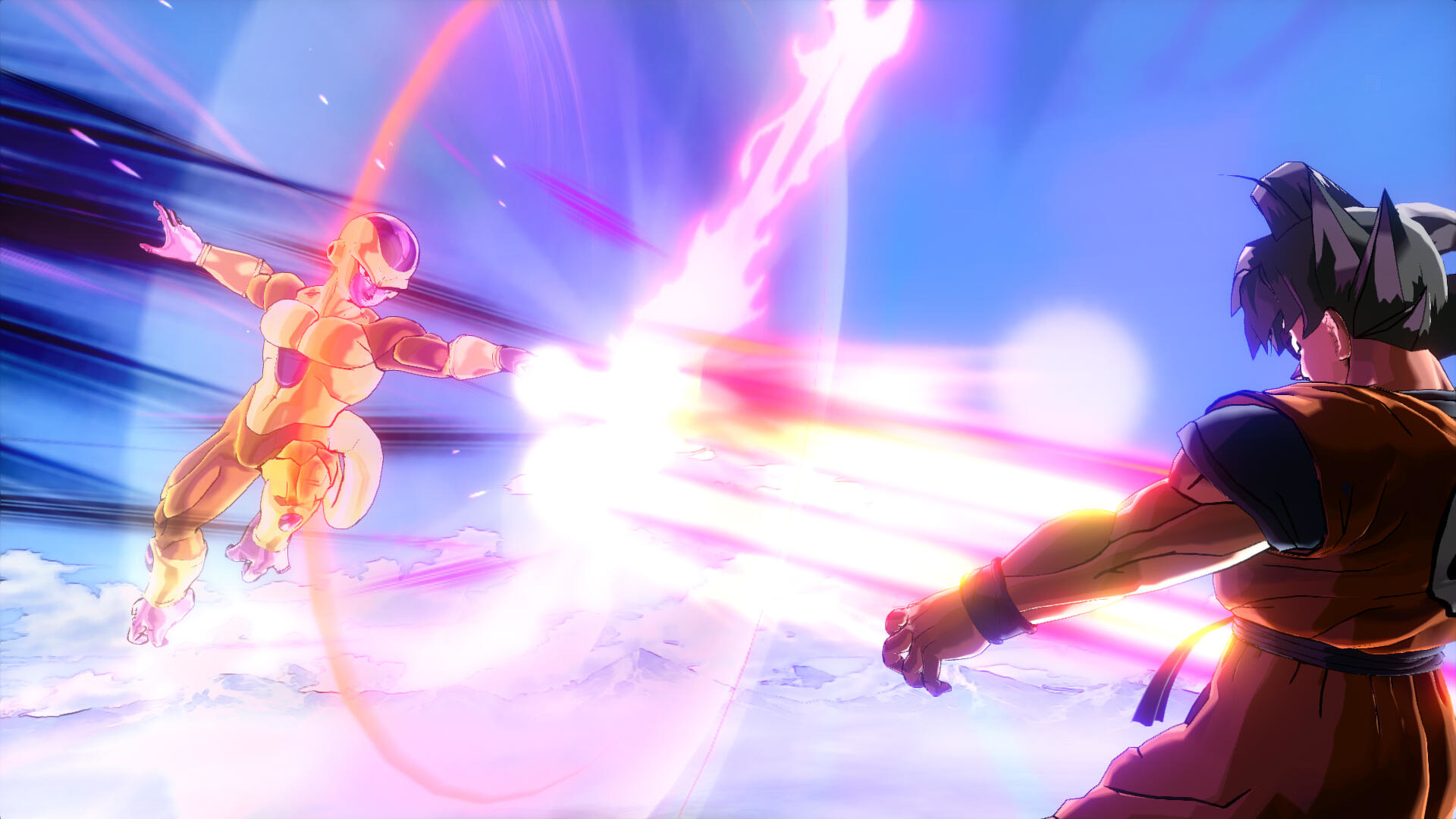 Goldener Frieza greift Goku mit einem Energiestrahl an. Goku ist in seinem orangefarbenen Outfit, bereit zur Verteidigung.