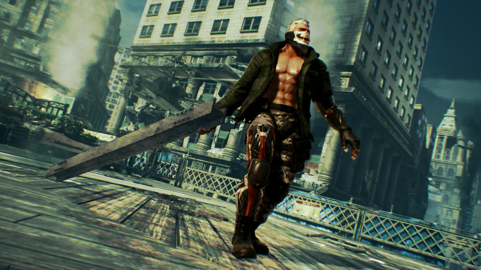 Umięśniona postać z maską czaszki i wielkim mieczem stoi w zniszczonym mieście. Budynki walą się wokół niego, scena jest postapokaliptyczna.