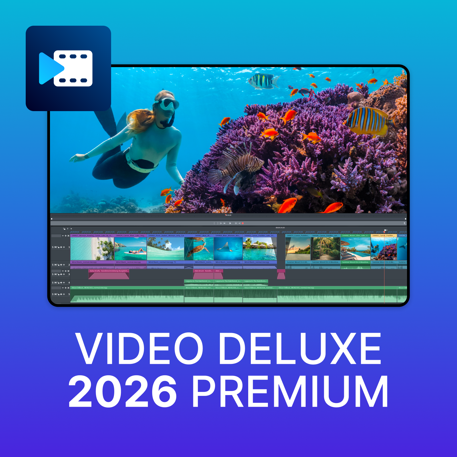 L'immagine mostra un subacqueo vicino a coralli e pesci, sovrapposto a un'interfaccia di editing video, con il testo 'VIDEO DELUXE 2026 PREMIUM'.