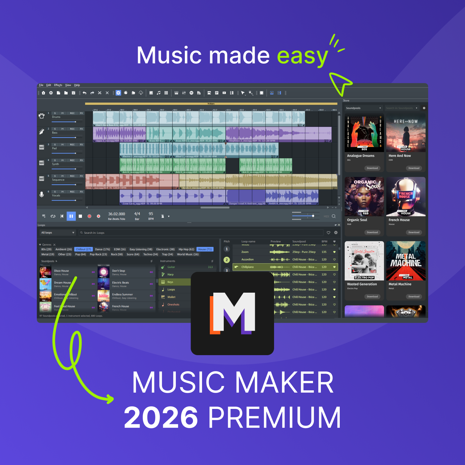 Interfaccia del software Music Maker con logo e copertine di album. Il testo recita 'Music Maker 2026 Premium'.