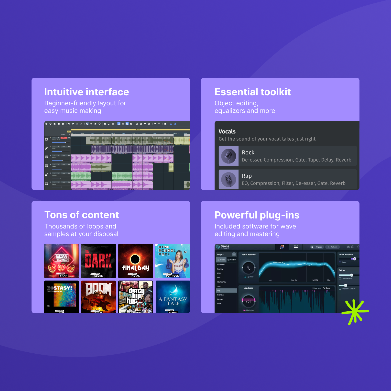 L'immagine mostra un'interfaccia software musicale con strumenti di editing e campioni audio, tra cui opzioni vocali e plugin.