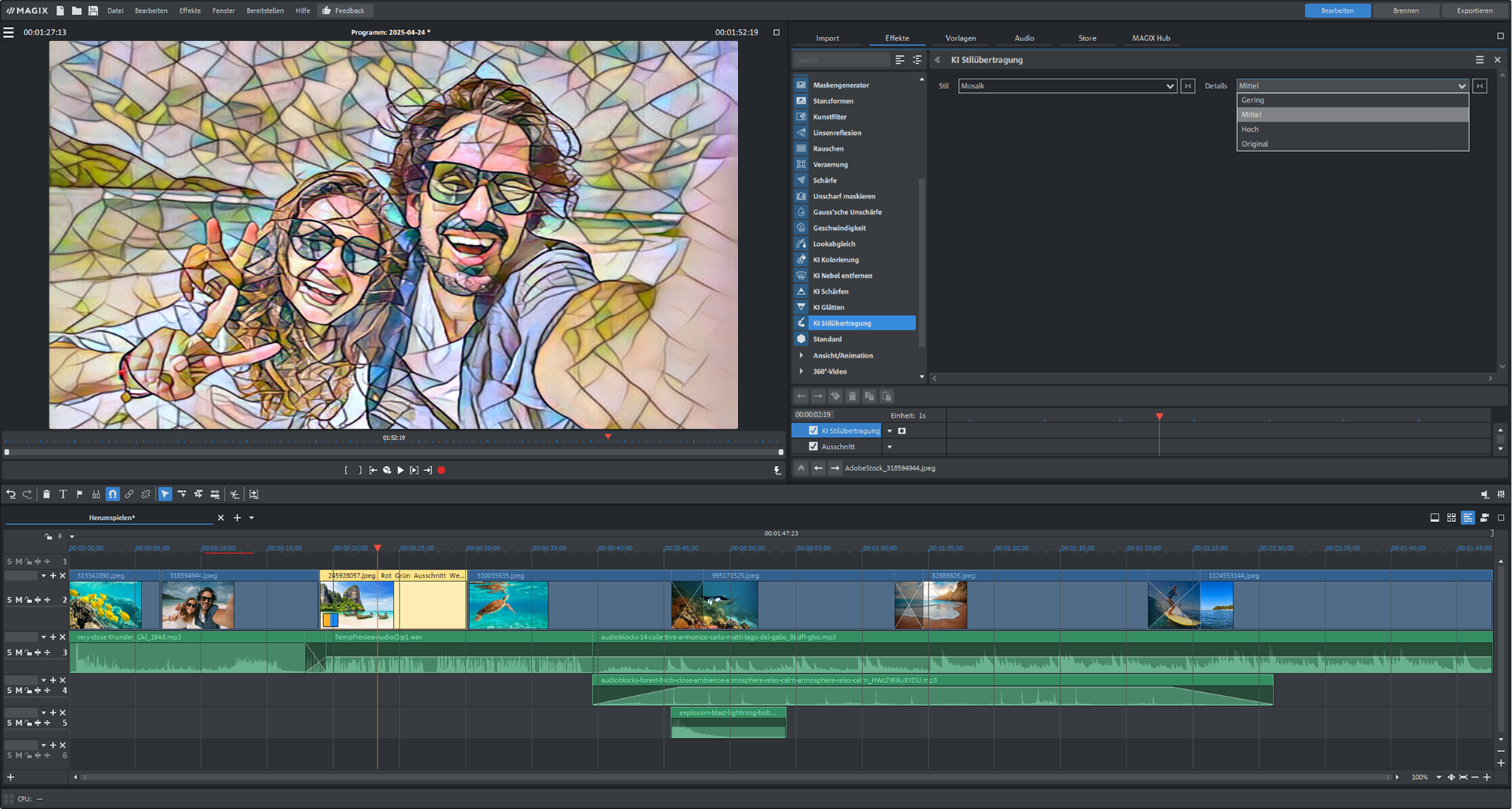 Un'interfaccia di editing video con la foto di una coppia con occhiali da sole. L'interfaccia mostra tracce video e opzioni di editing.