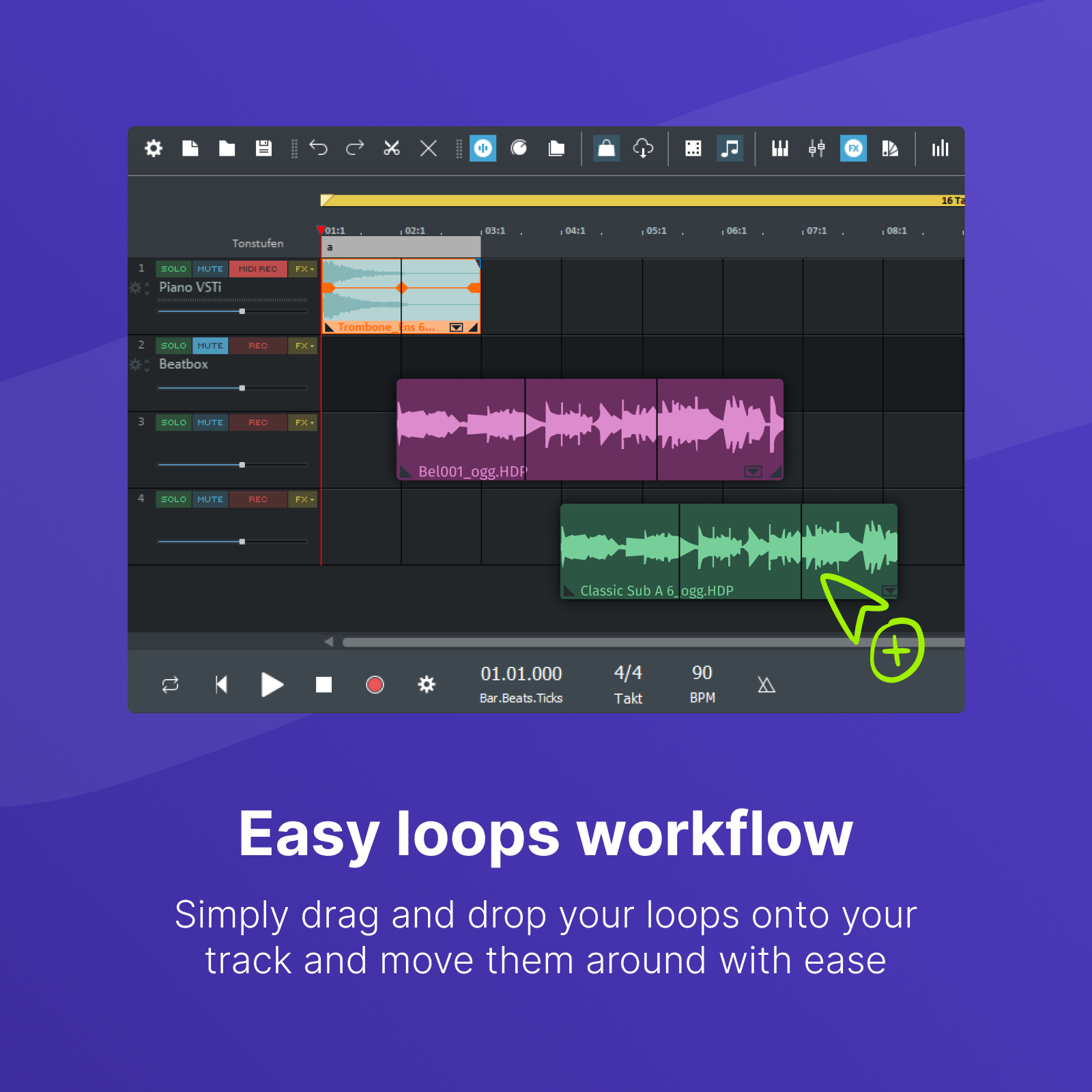 Interfaccia del software di produzione musicale. Tracce con forme d'onda audio. Un segno più indica l'aggiunta di un loop.