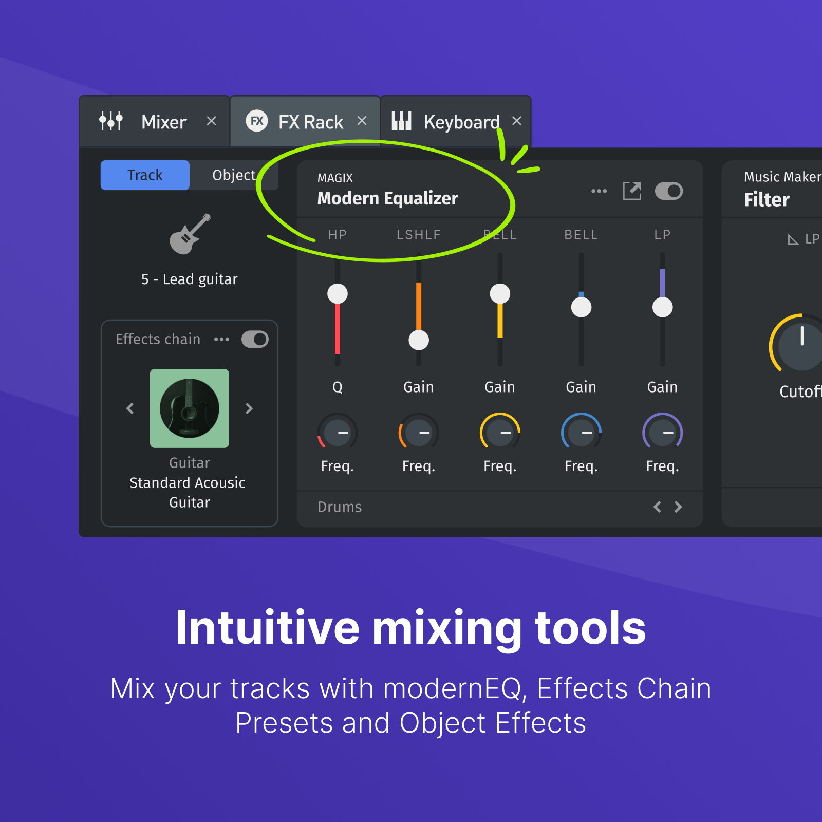 Interfaccia di un software di editing musicale con controlli equalizzatore, icona chitarra e testo 'Intuitive mixing tools'.