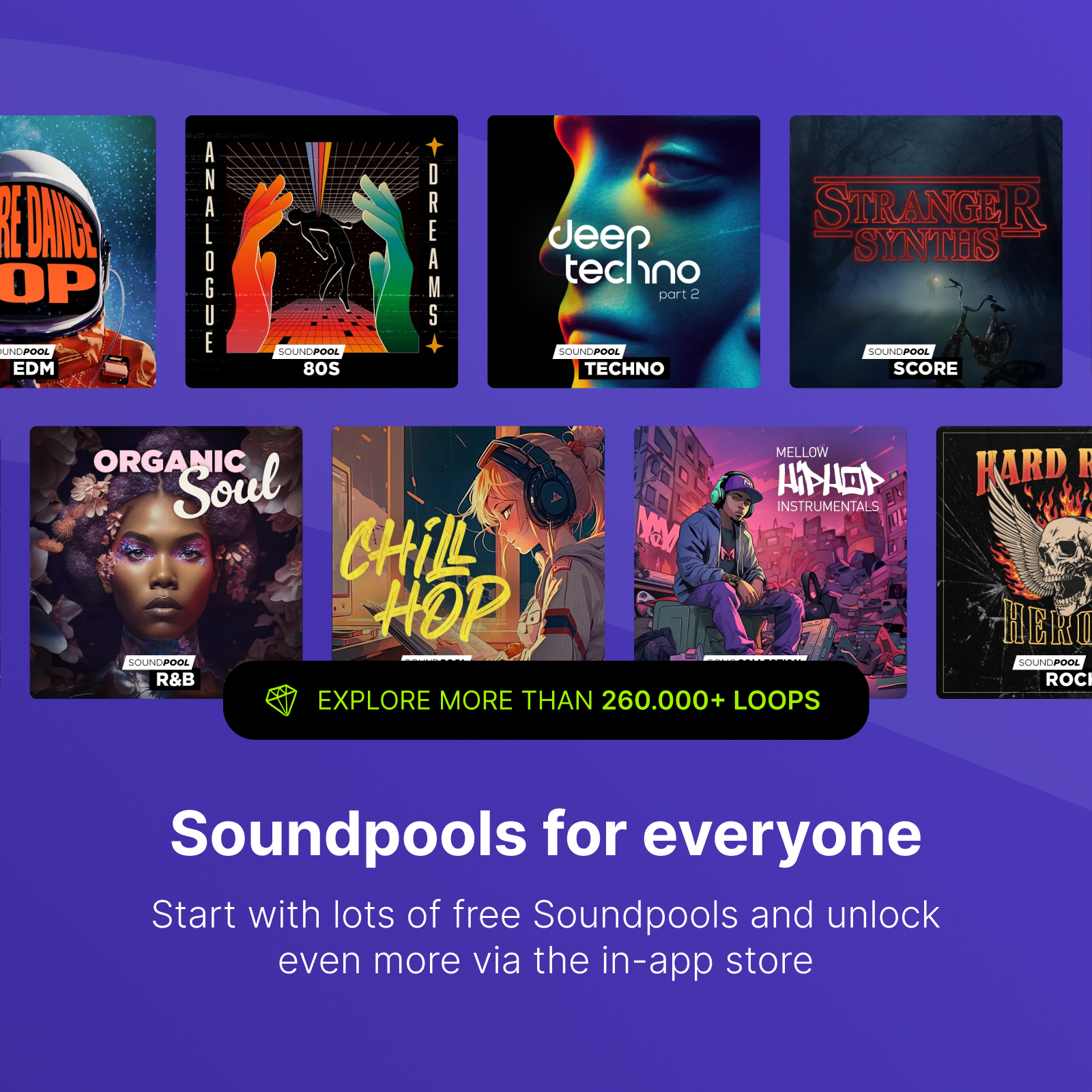 Interfaccia dell'app musicale con varie copertine di album. Sono mostrati i generi EDM, anni '80, Techno, Score, R&B, Chill Hop, Hip-Hop e Rock.