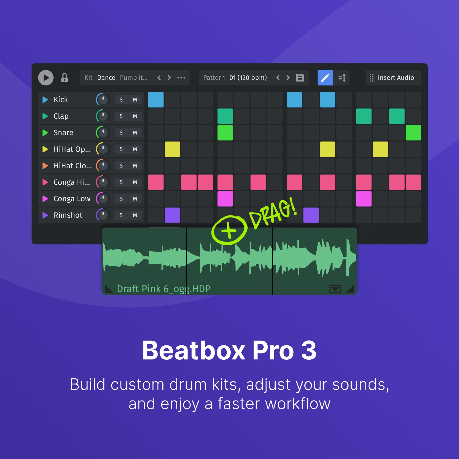 Interfaccia software di produzione musicale. Una griglia con blocchi colorati è sovrapposta a una forma d'onda audio. Mostra 'DRAG!'