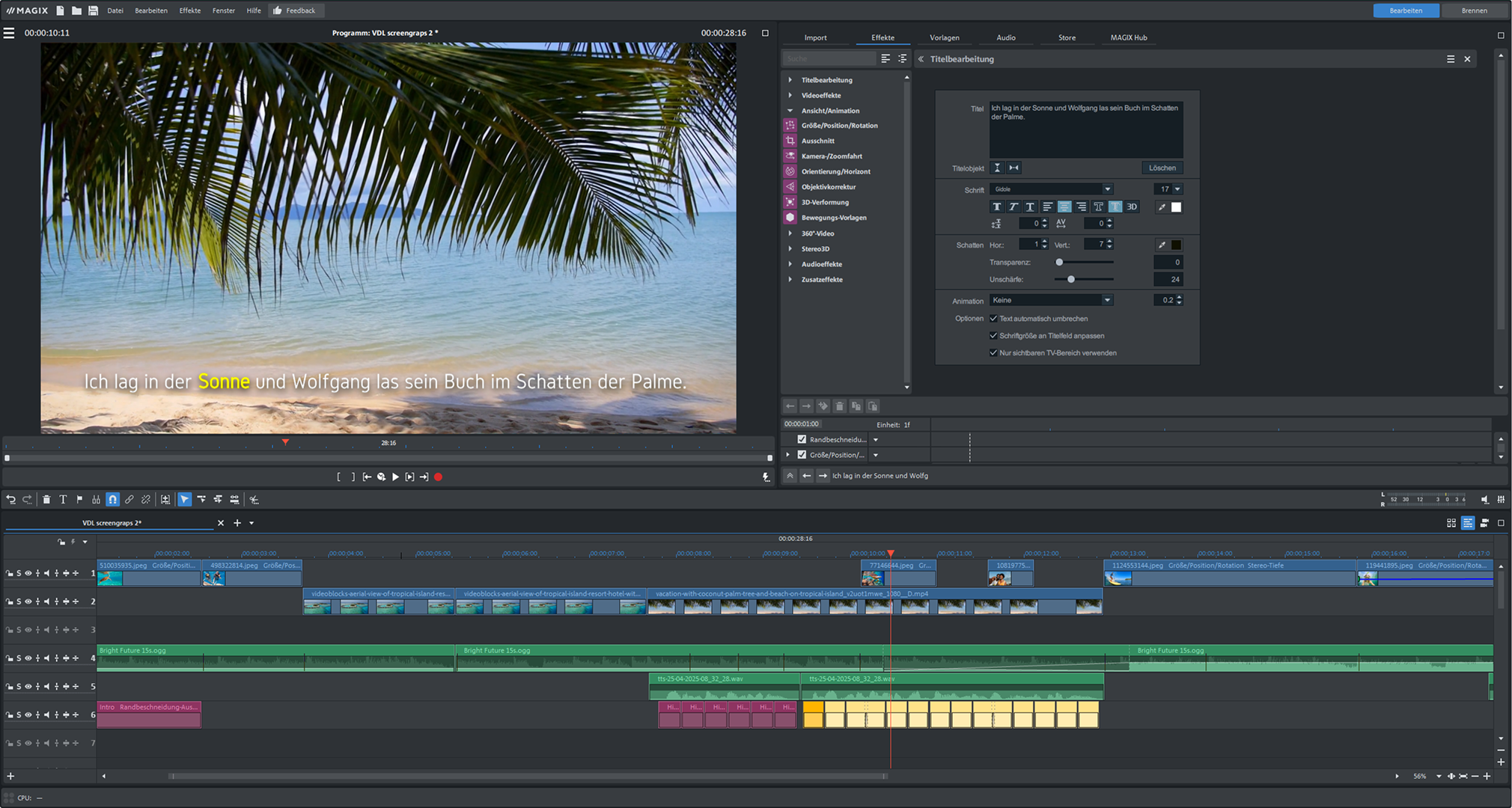 Interfaccia di un software di editing video. Palme e una scena di spiaggia sono visibili sullo sfondo.