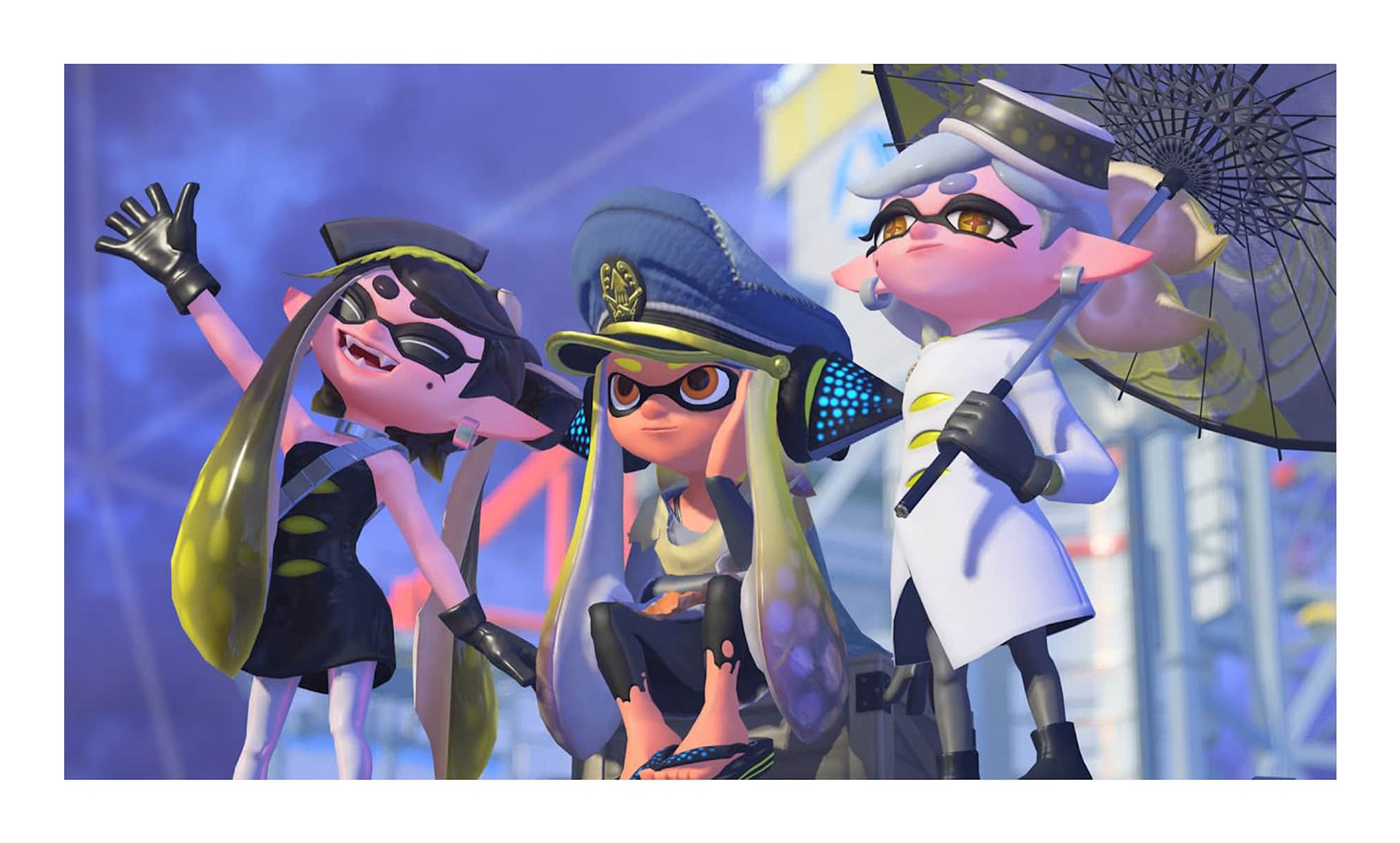 Trzy postaci z kreskówek w unikalnych stylach pozują. Jeden macha, drugi siedzi, a ostatni trzyma parasol, wszystko w dynamicznym otoczeniu.