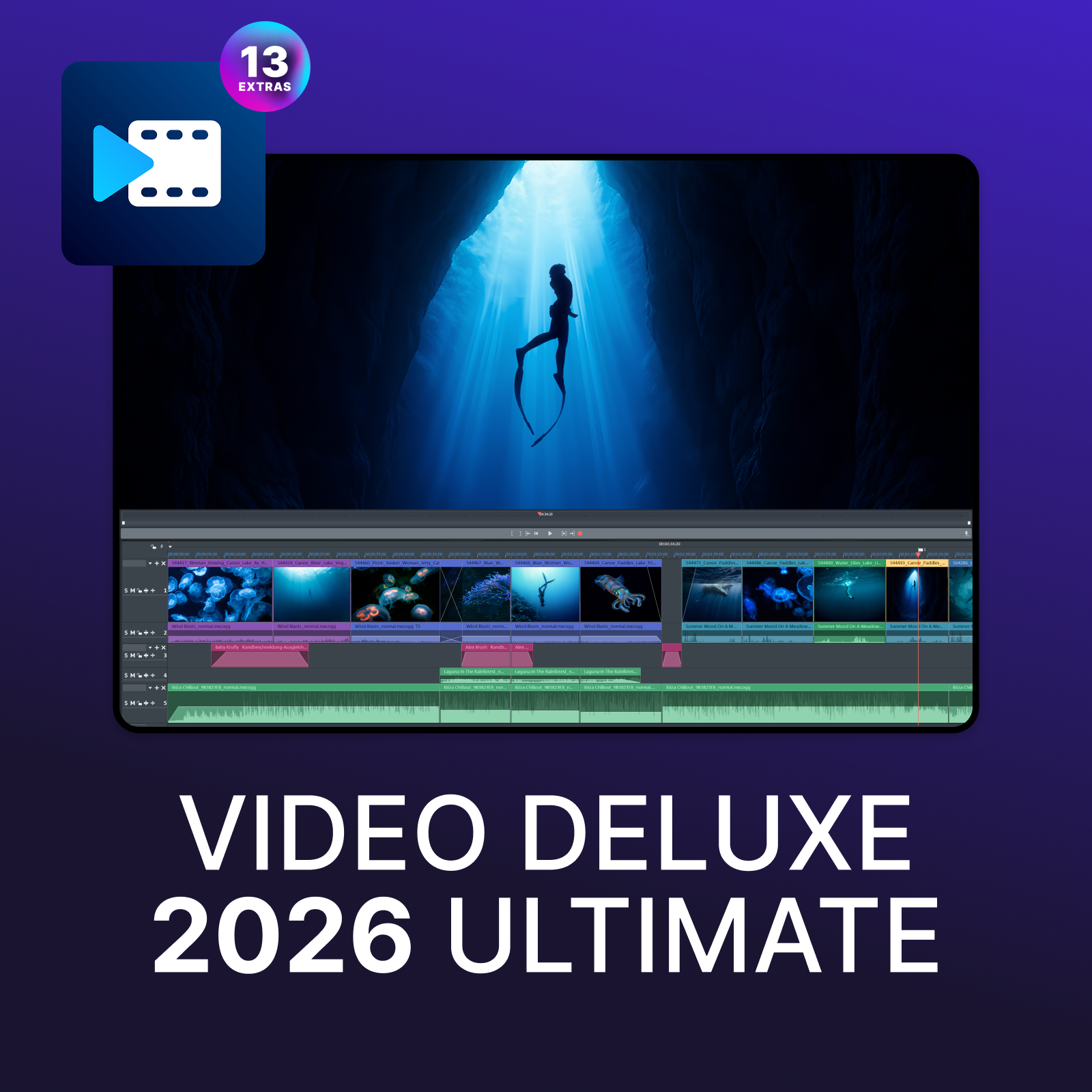 Un subacqueo nuota in una grotta. Il testo di Video Deluxe 2026 Ultimate è in basso e una timeline di editing video sopra.