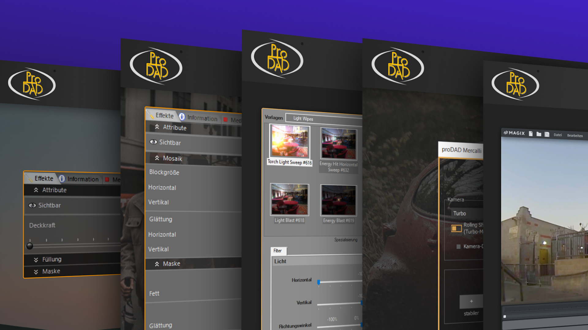 Più finestre software con il logo ProDAD, che mostrano opzioni di editing e anteprime video, diversi effetti.