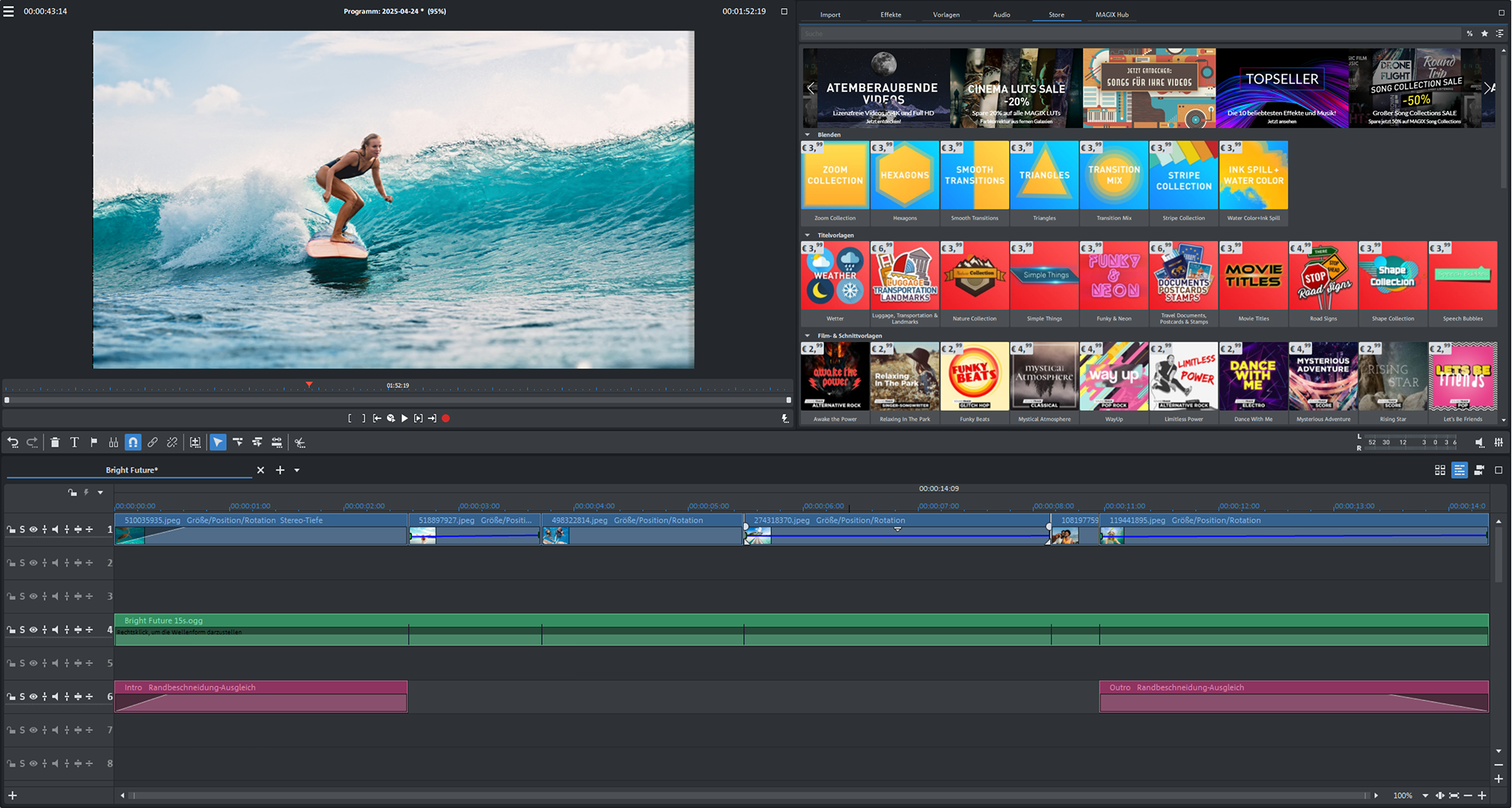 Una donna fa surf su un'onda. L'interfaccia di editing video è visibile sullo sfondo.
