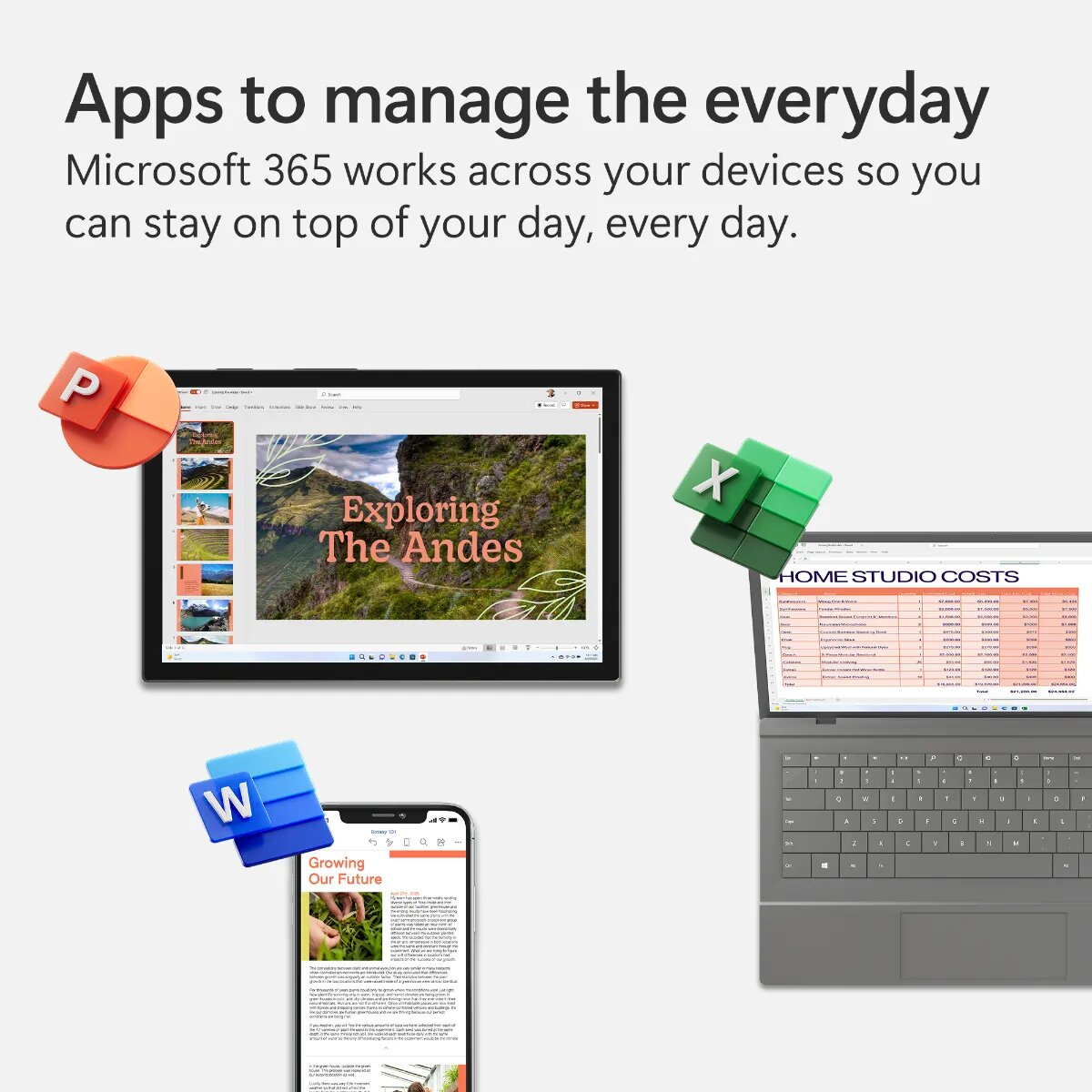 L'immagine mostra app come PowerPoint, Excel e Word su diversi dispositivi. Un tablet mostra 'Exploring the Andes'.