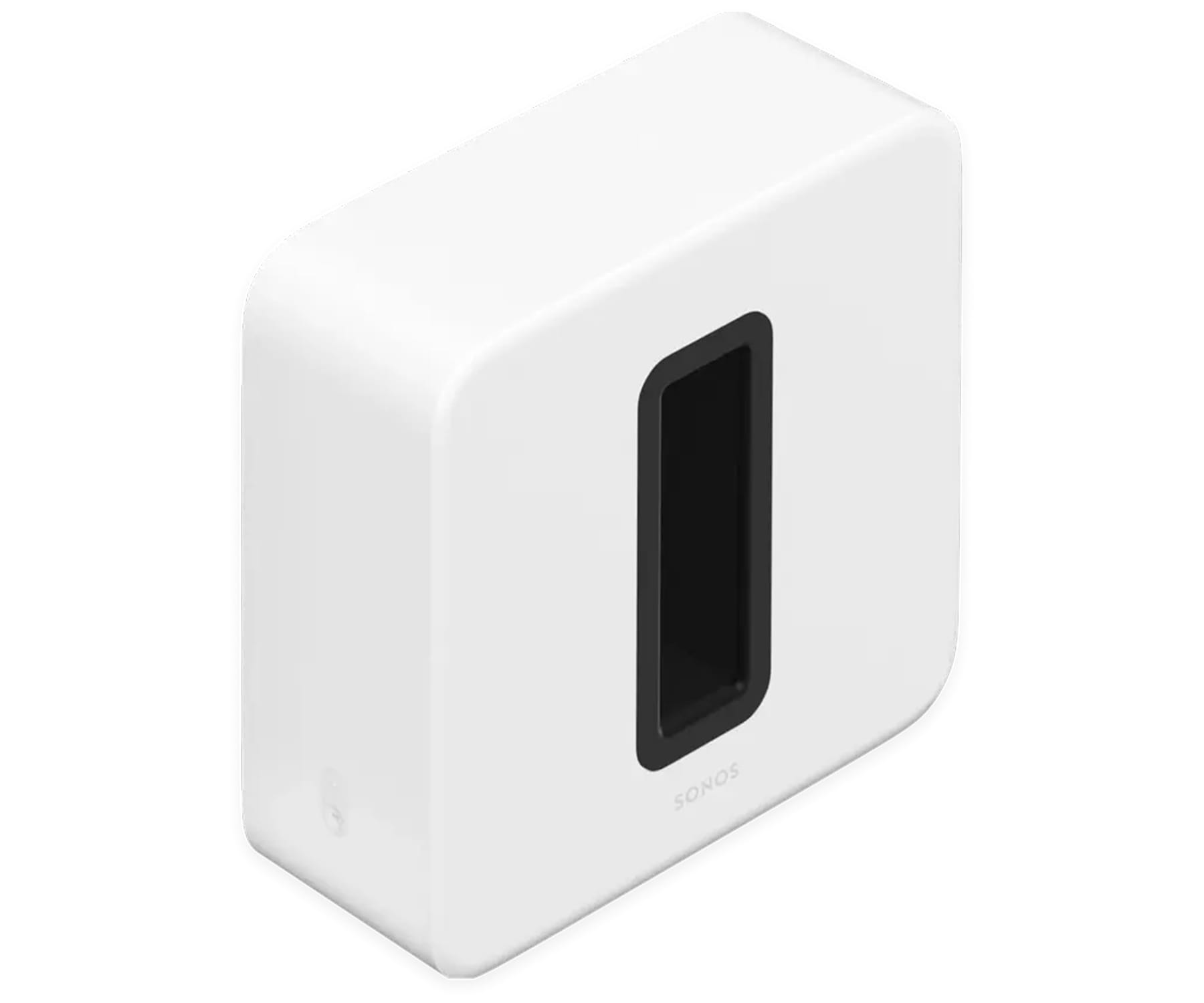 Subwoofer Sonos bianco con apertura rettangolare nera. Il logo Sonos è visibile. Si trova su una superficie bianca.