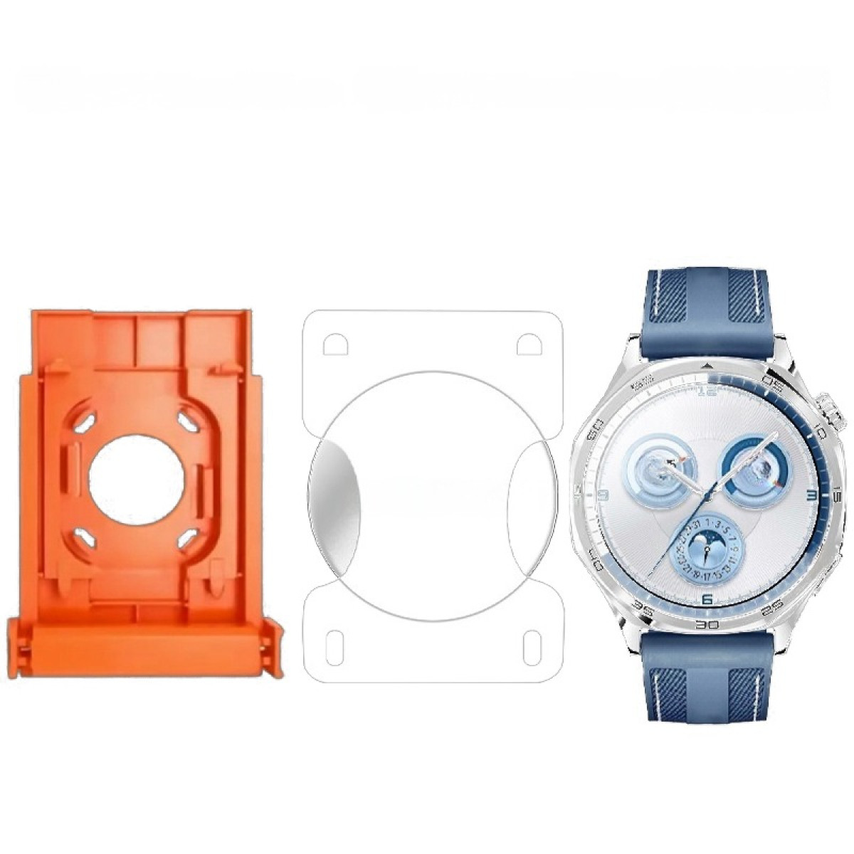 Un supporto arancione, una carta bianca e uno smartwatch argentato con cinturino blu sono esposti su sfondo bianco.