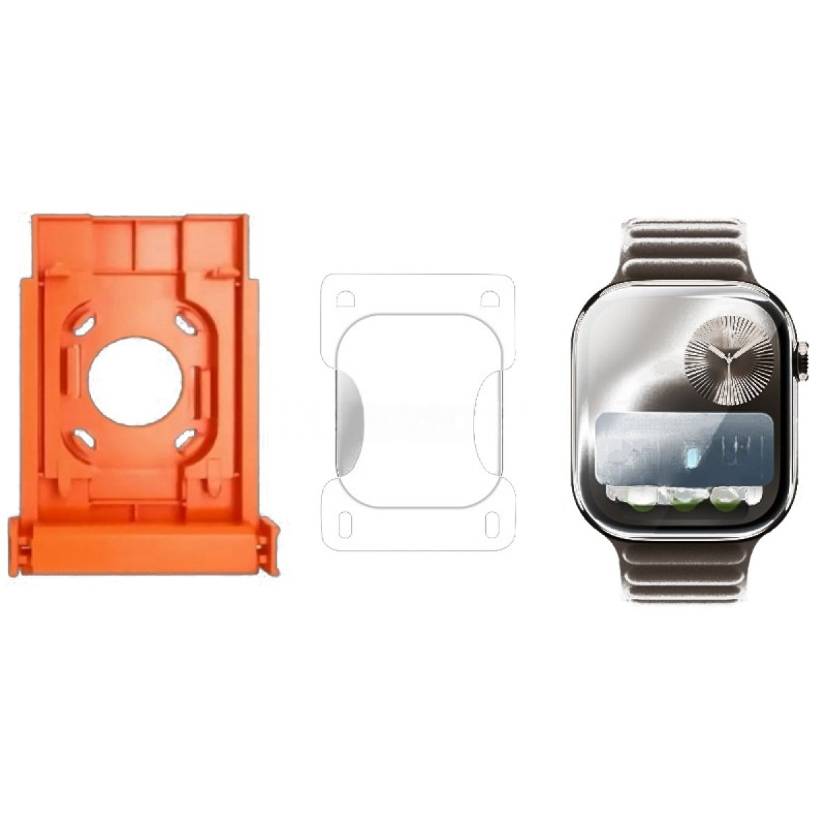 Das Bild zeigt ein orangefarbenes Kunststoffteil, eine weiße Zeichnung einer Form und eine Smartwatch mit Metallband.