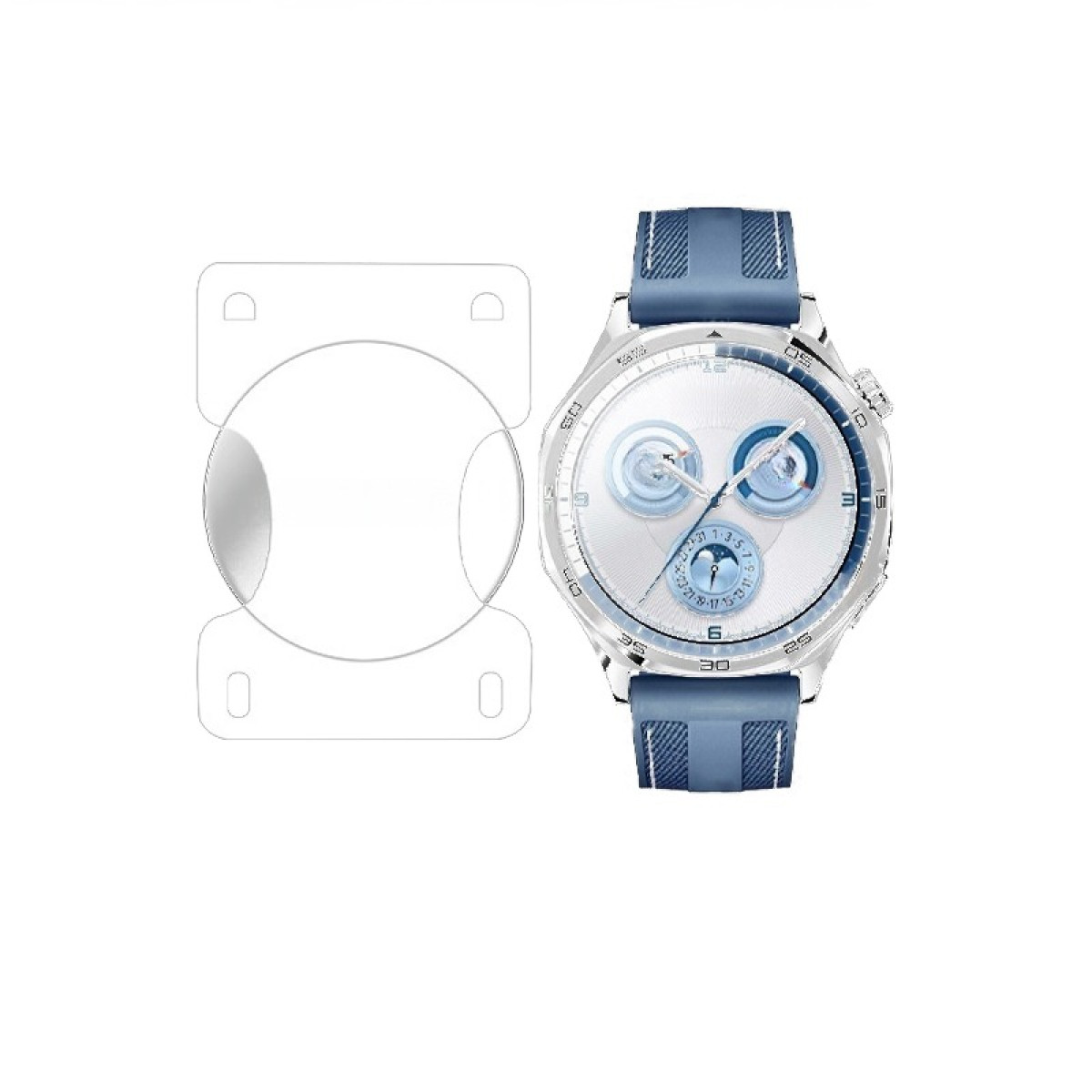 Uno smartwatch argentato con cinturino blu a destra. A sinistra, una custodia circolare bianca. Entrambi su sfondo bianco.