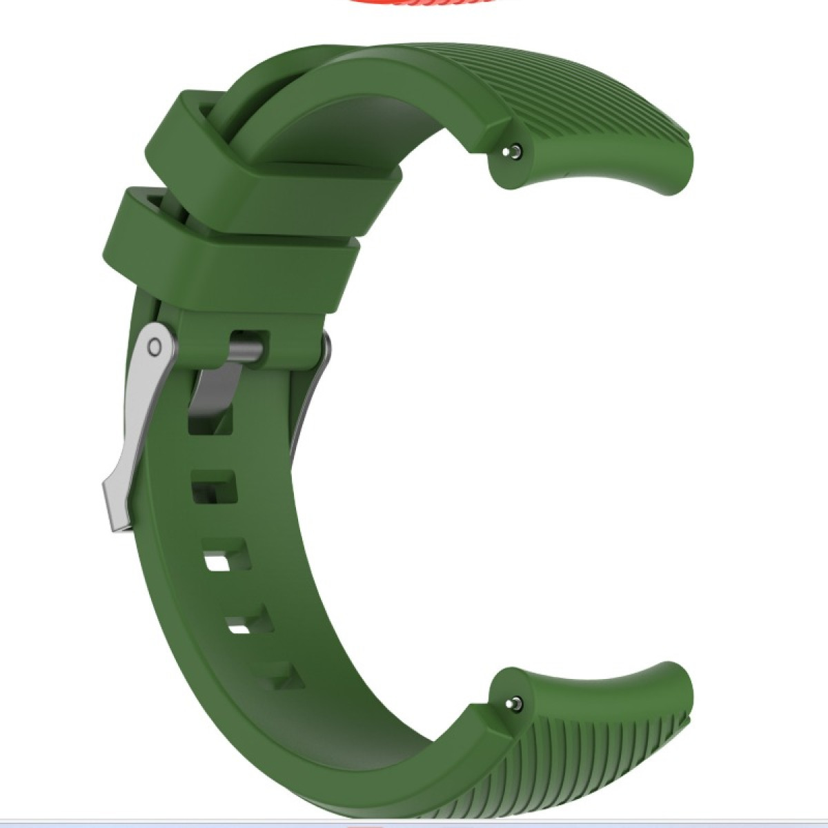 Ein grünes Uhrenarmband. Das Armband hat eine Schnalle, Löcher und Rippen. Es ist C-förmig gebogen.