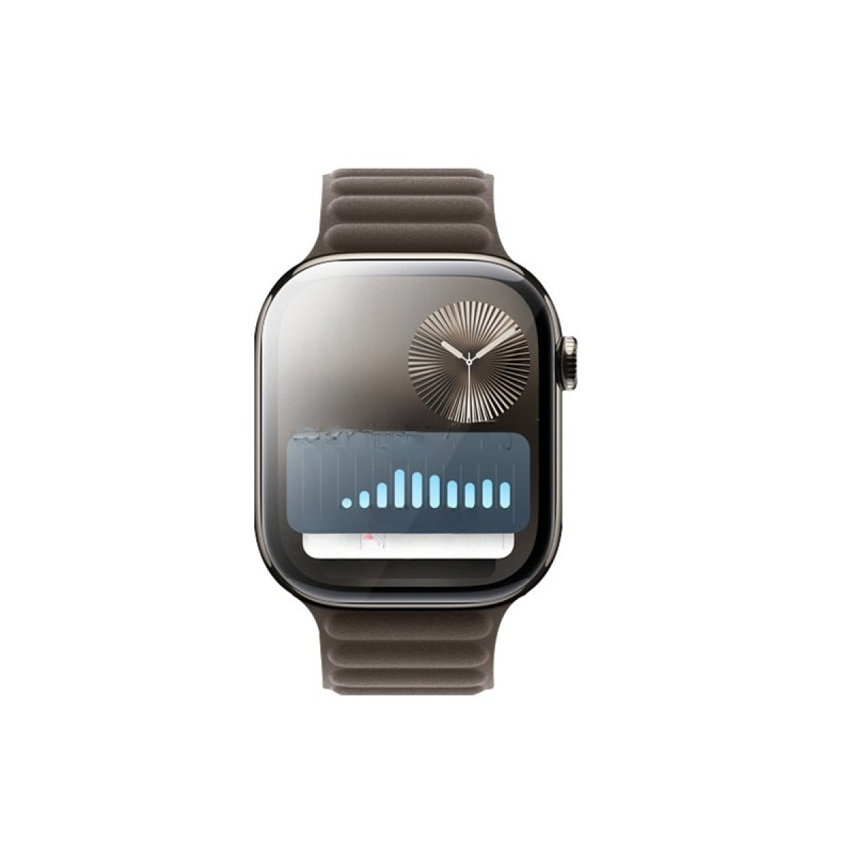 Eine Apple Watch mit braunem Armband. Das Zifferblatt zeigt eine Uhr und ein blaues Balkendiagramm.