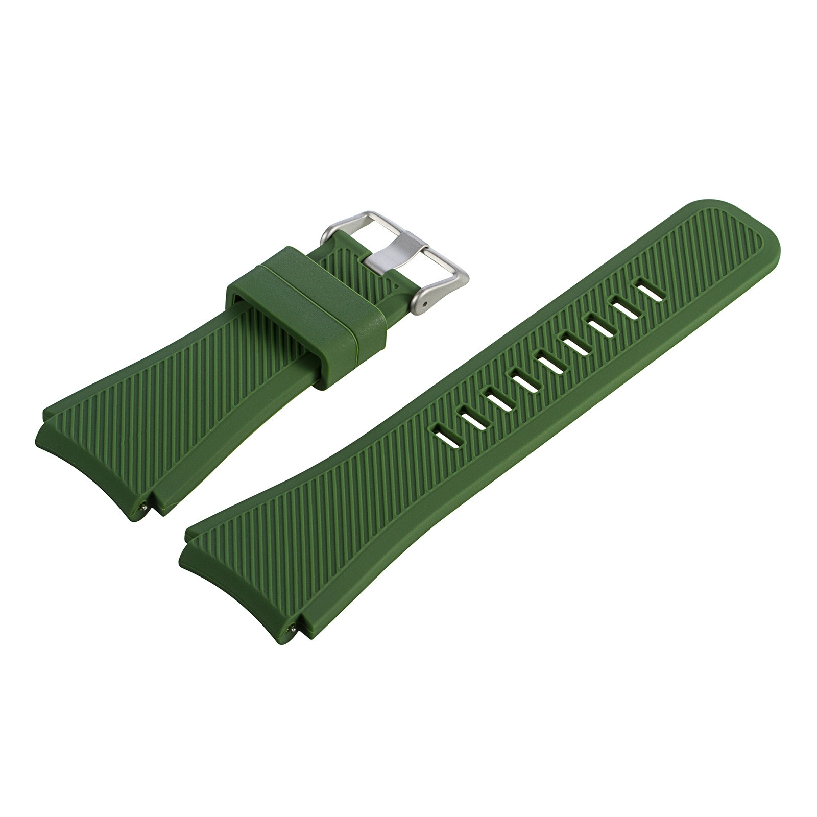 Grünes Uhrenarmband mit silberner Schnalle, liegt auf weißer Fläche. Ein Band hat Löcher.