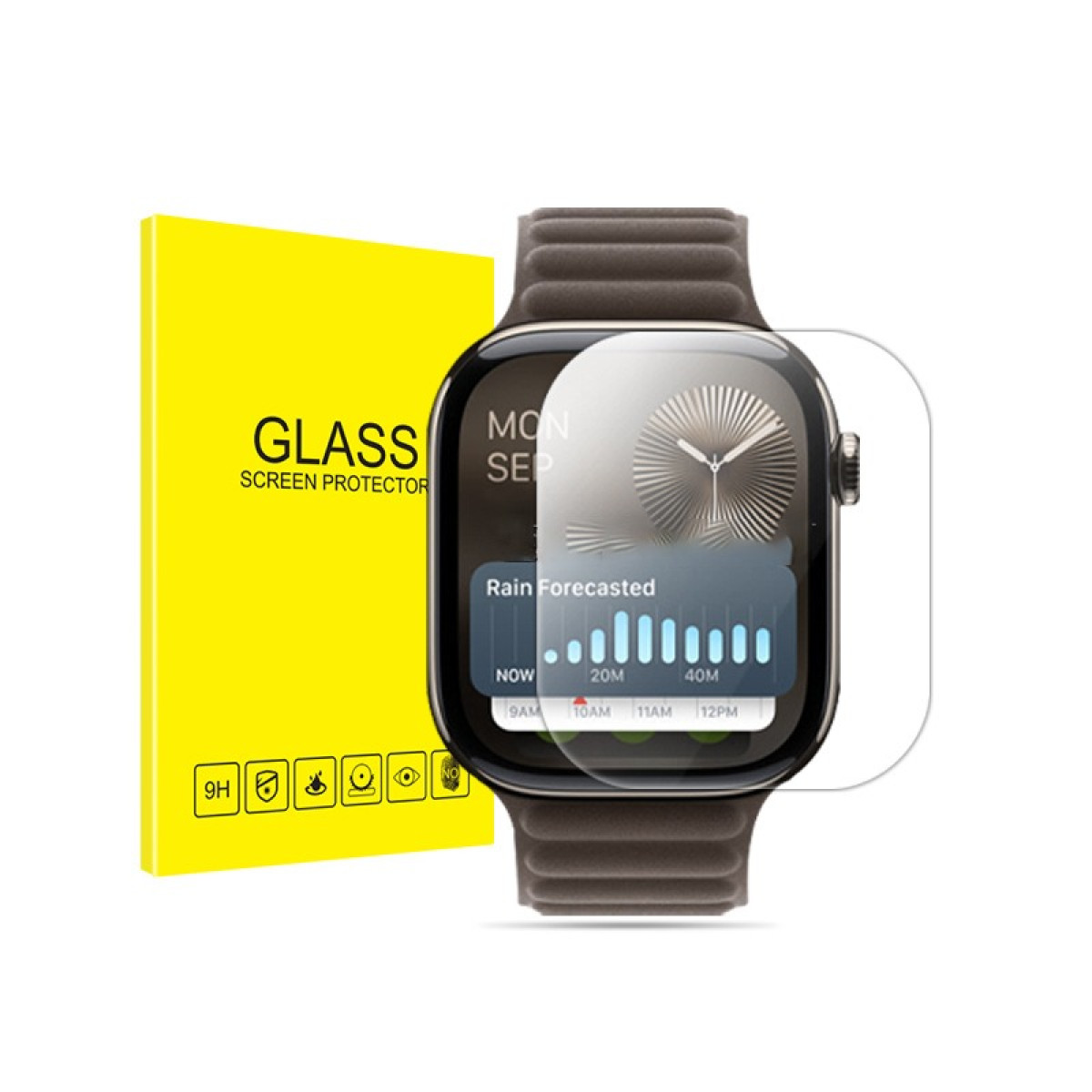 Eine Apple Watch mit Displayschutzfolie und einer gelben Box. Die Uhr zeigt die Regenprognose an. Die Uhr hat ein braunes Armband.