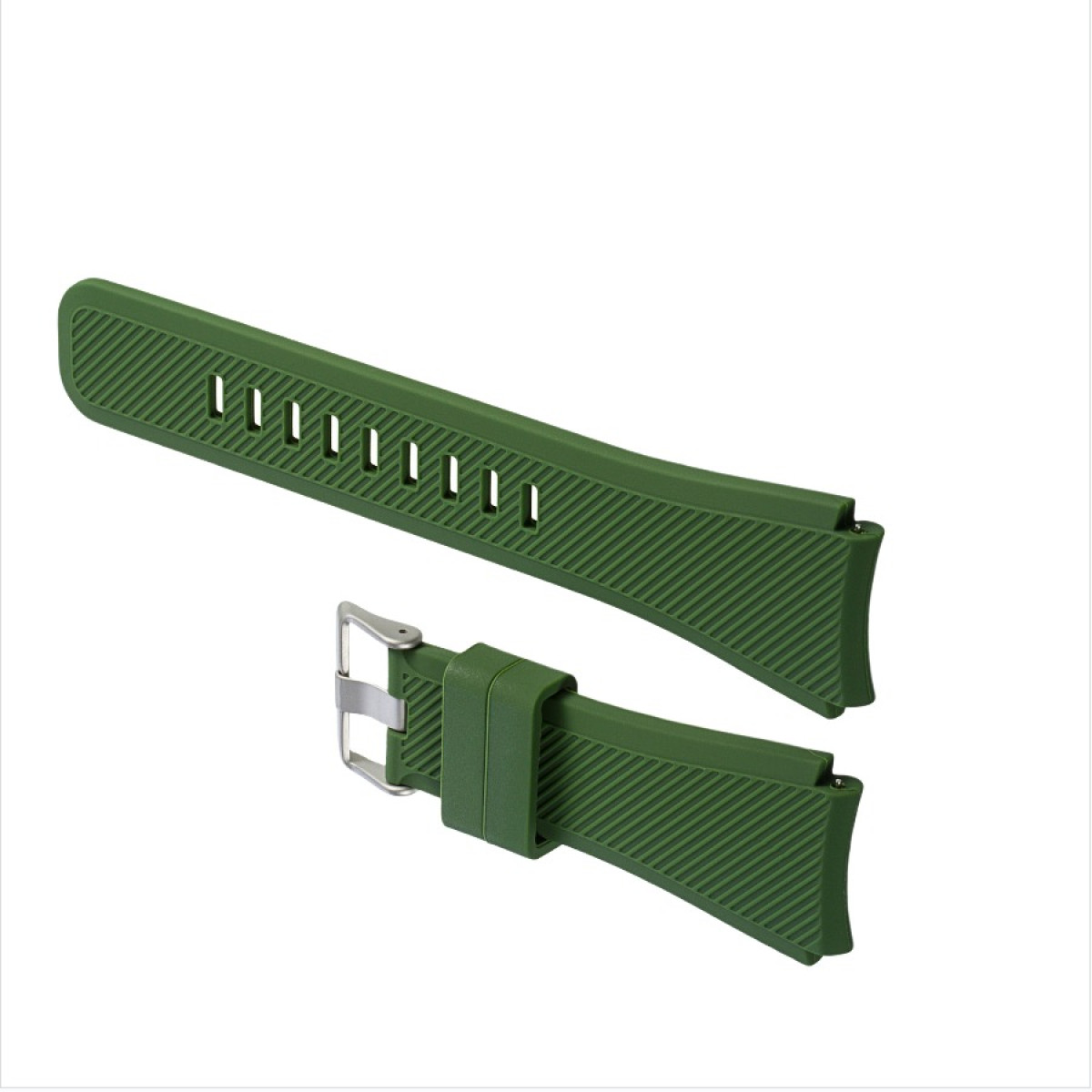 Zweiteiliges grünes Uhrenarmband mit strukturierter Oberfläche, Metallschnalle und mehreren Einstelllöchern. Isoliert auf weißem Hintergrund.