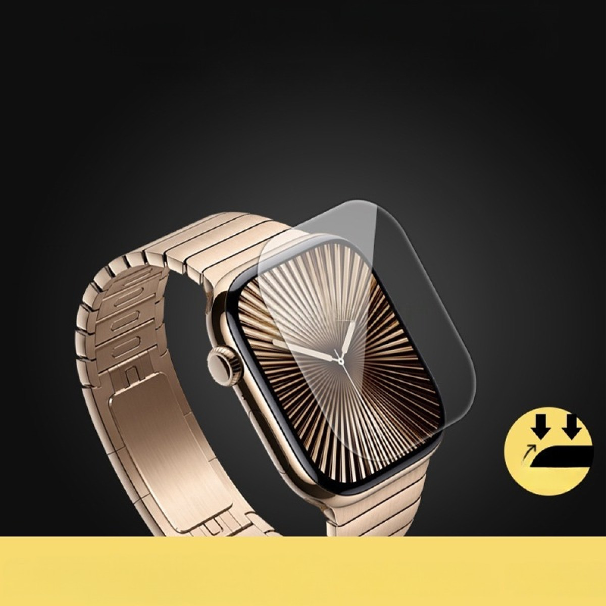Goldene Smartwatch mit Schutzfolie. Radialdesign auf dem Zifferblatt. Schwarzer Hintergrund. Schutzfolie.