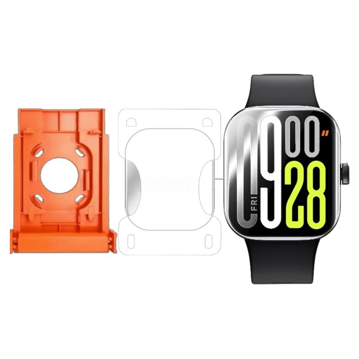 Un componente in plastica arancione, una custodia in plastica trasparente e uno smartwatch che mostra l'ora.