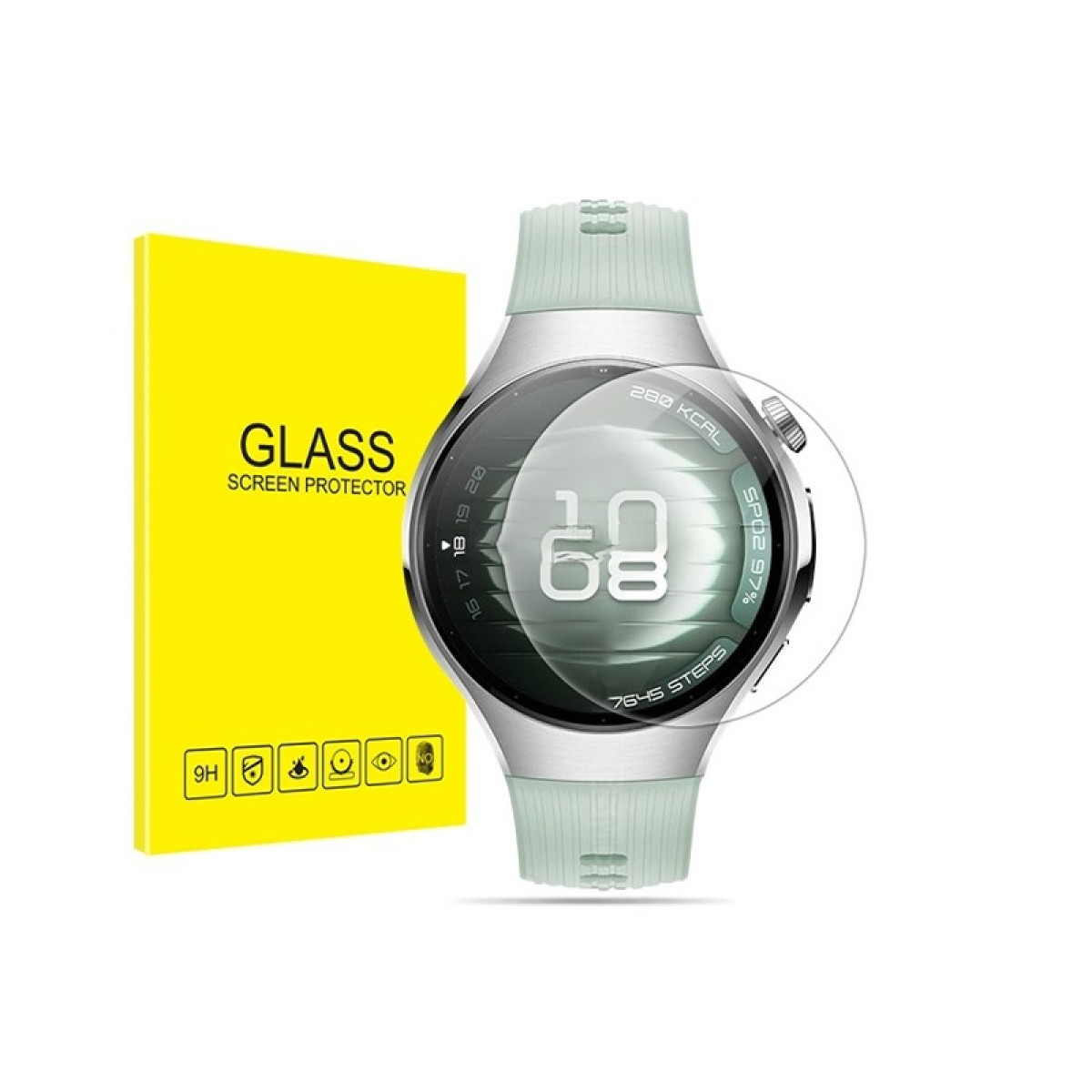 Uno smartwatch con una protezione per lo schermo e una scatola gialla con 'GLASS SCREEN PROTECTOR'. L'orologio visualizza i dati.