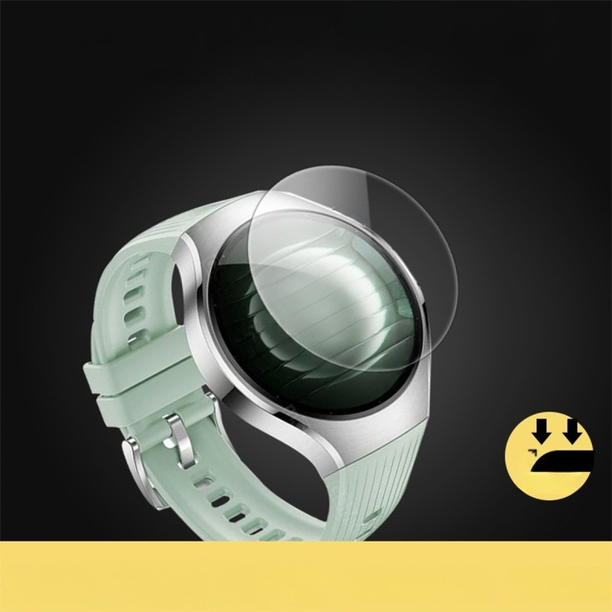 Uno smartwatch con una protezione per lo schermo. L'orologio ha un cinturino verde menta. Lo sfondo è una sfumatura da verde scuro a nero.