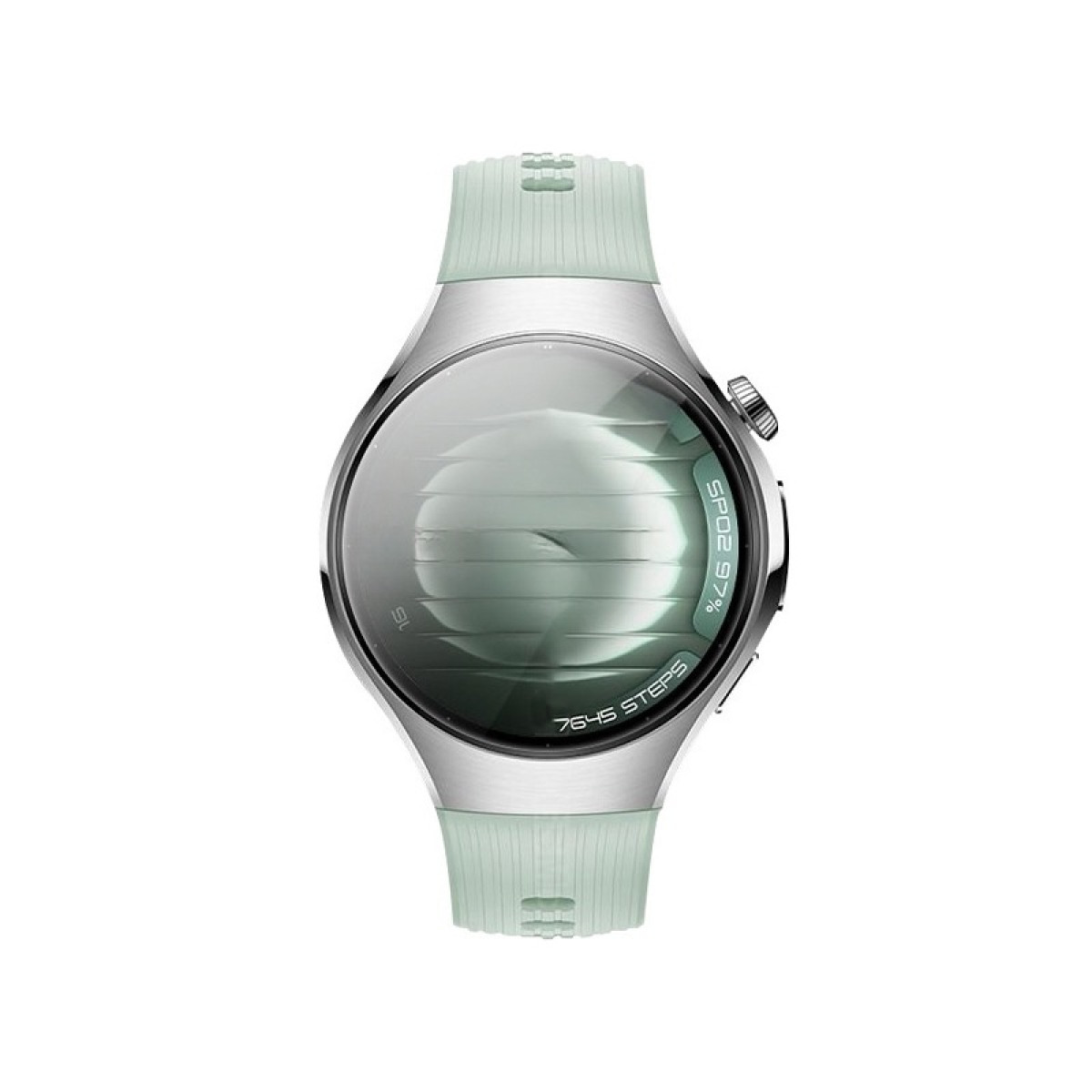 Uno smartwatch argentato con cinturino verde menta. Lo schermo mostra dati, inclusi passi e livelli di SpO2. Il design è elegante e moderno.