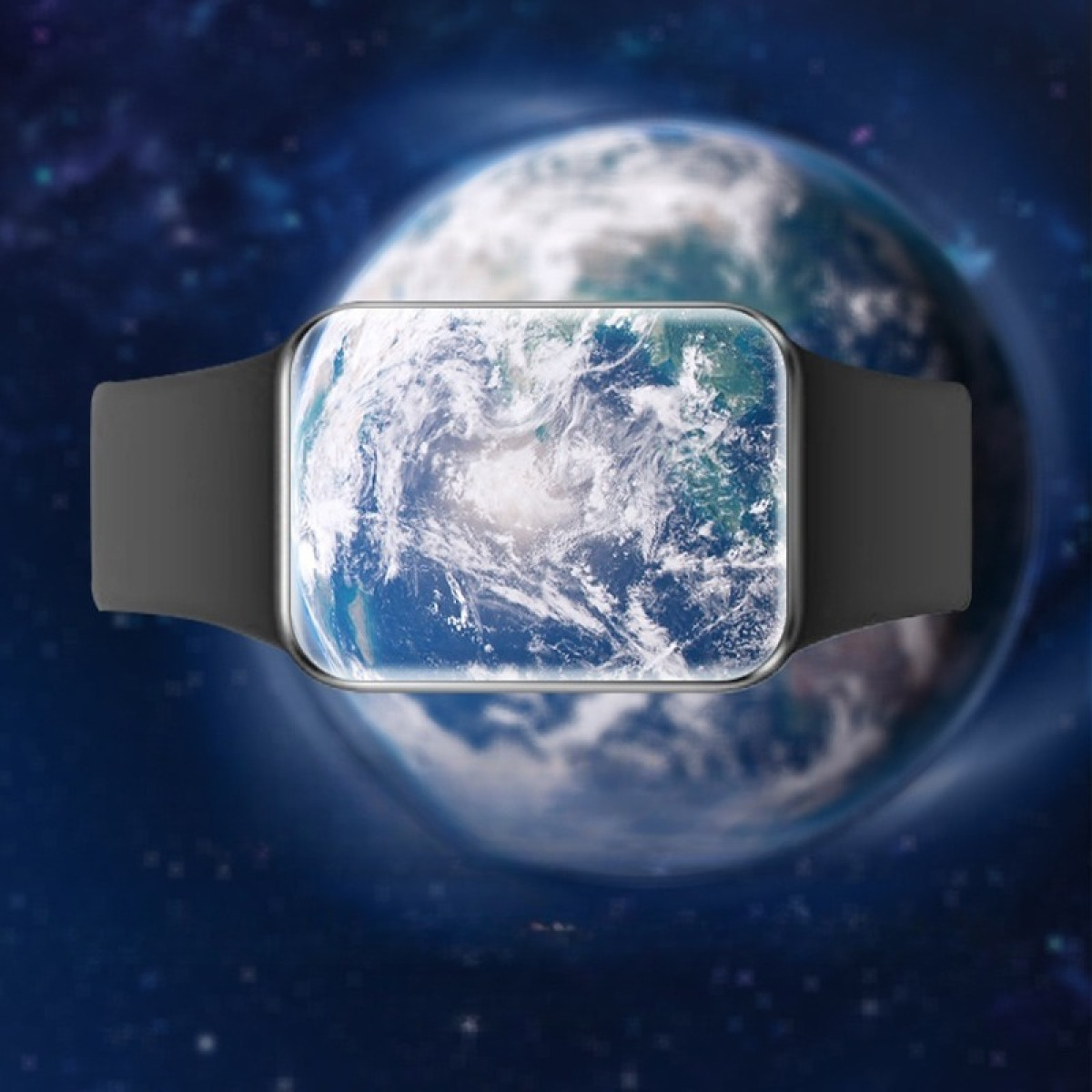 Uno smartwatch mostra l'immagine della Terra. Cinturino nero, cornice argentata e display trasparente che mostra la Terra. Sfondo stellato.