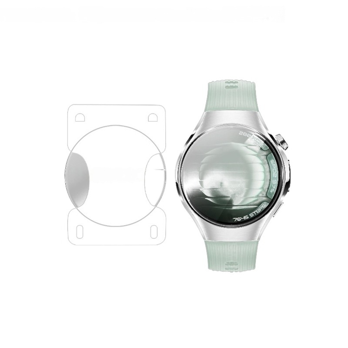 Uno smartwatch e la sua confezione. L'orologio è argento con un cinturino verde. La confezione è di plastica trasparente. Lo sfondo è bianco.