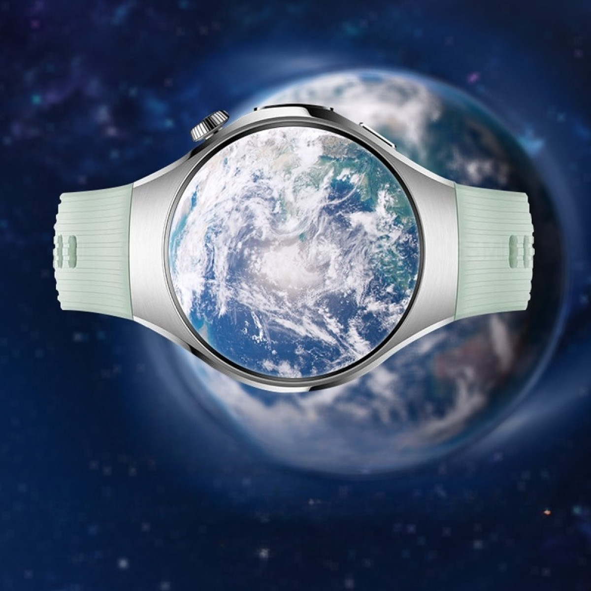 Un orologio con cassa argentata e cinturino verde chiaro. Il quadrante mostra la Terra. Lo sfondo è una scena spaziale stellata.