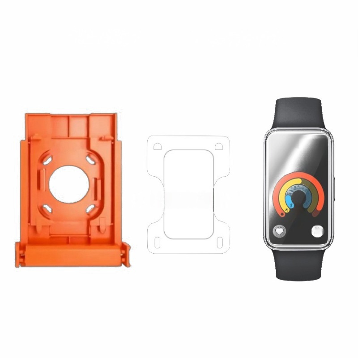 Un supporto arancione, un modello bianco e uno smartwatch con cinturino nero, che mostra anelli di attività.
