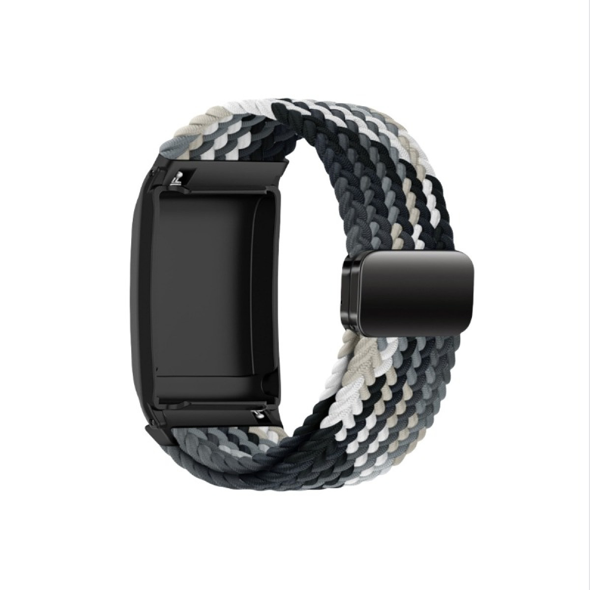 Ein geflochtenes Smartwatch-Armband in Grau-, Schwarz- und Weißtönen. Es hat einen schwarzen Verschluss und ein schwarzes Uhrengehäuse. Isoliert auf Weiß.