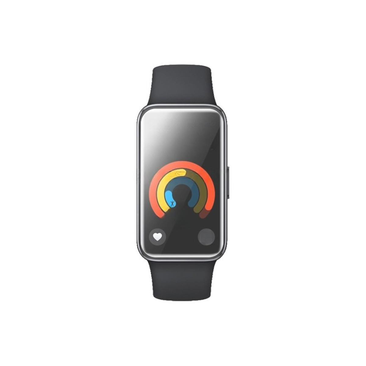 Uno smartwatch rettangolare con cinturino nero. Lo schermo mostra anelli colorati, che indicano l'attività. Lo sfondo è bianco.