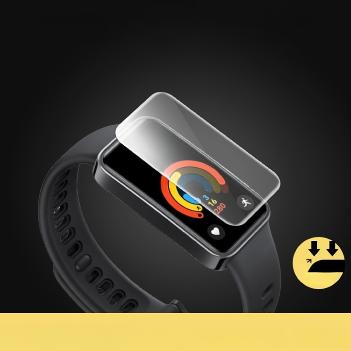 Uno smartwatch nero con protezione schermo applicata. Lo schermo mostra dati di attività. Un'illustrazione gialla indica l'installazione.