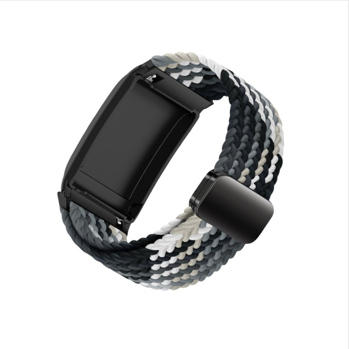 Ein geflochtenes Smartwatch-Armband mit schwarzem Zifferblatt. Das Armband besteht aus grauen, weißen und schwarzen Strängen.