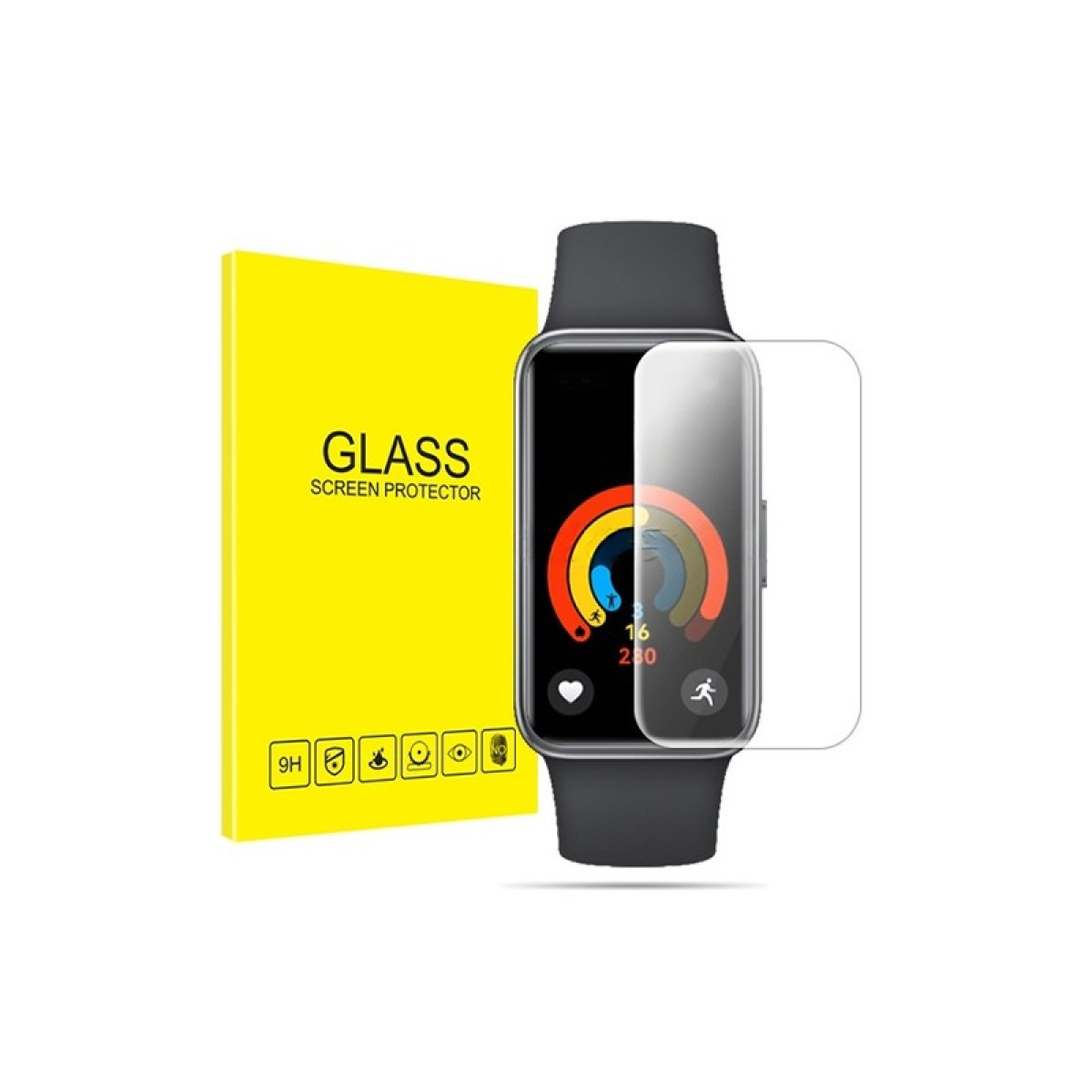 Uno smartwatch con protezione schermo e una scatola gialla con la scritta 'GLASS SCREEN PROTECTOR' su sfondo bianco.