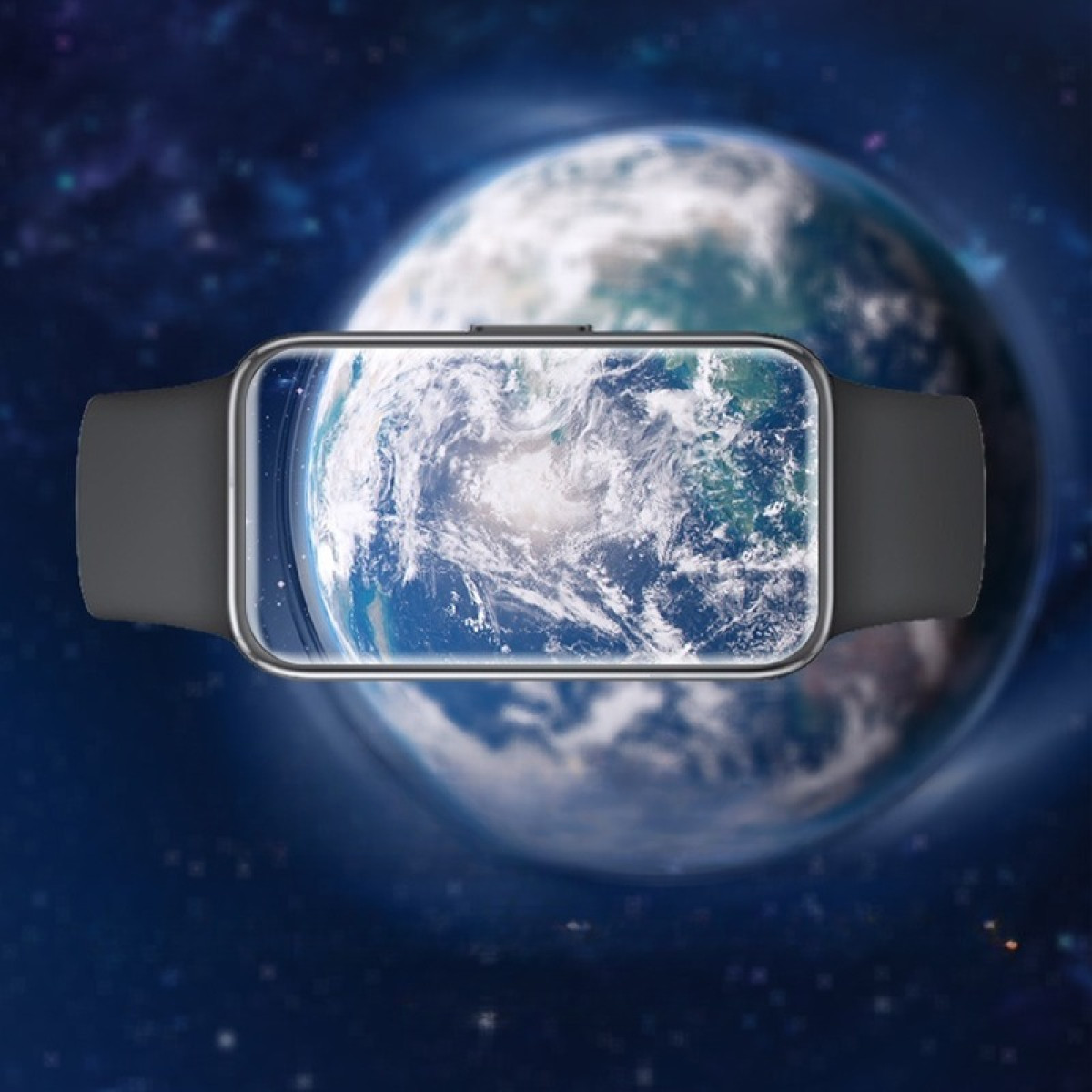 Uno smartwatch mostra la Terra su uno sfondo stellato. L'orologio è grigio e la Terra è visibile sul suo schermo.
