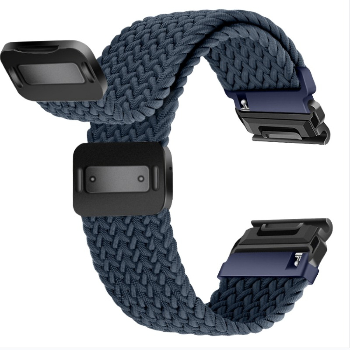 Dunkelblaues geflochtenes Uhrenarmband mit schwarzen Verschlüssen. Das Armband ist gebogen und hat vier schwarze Anschlusspunkte.