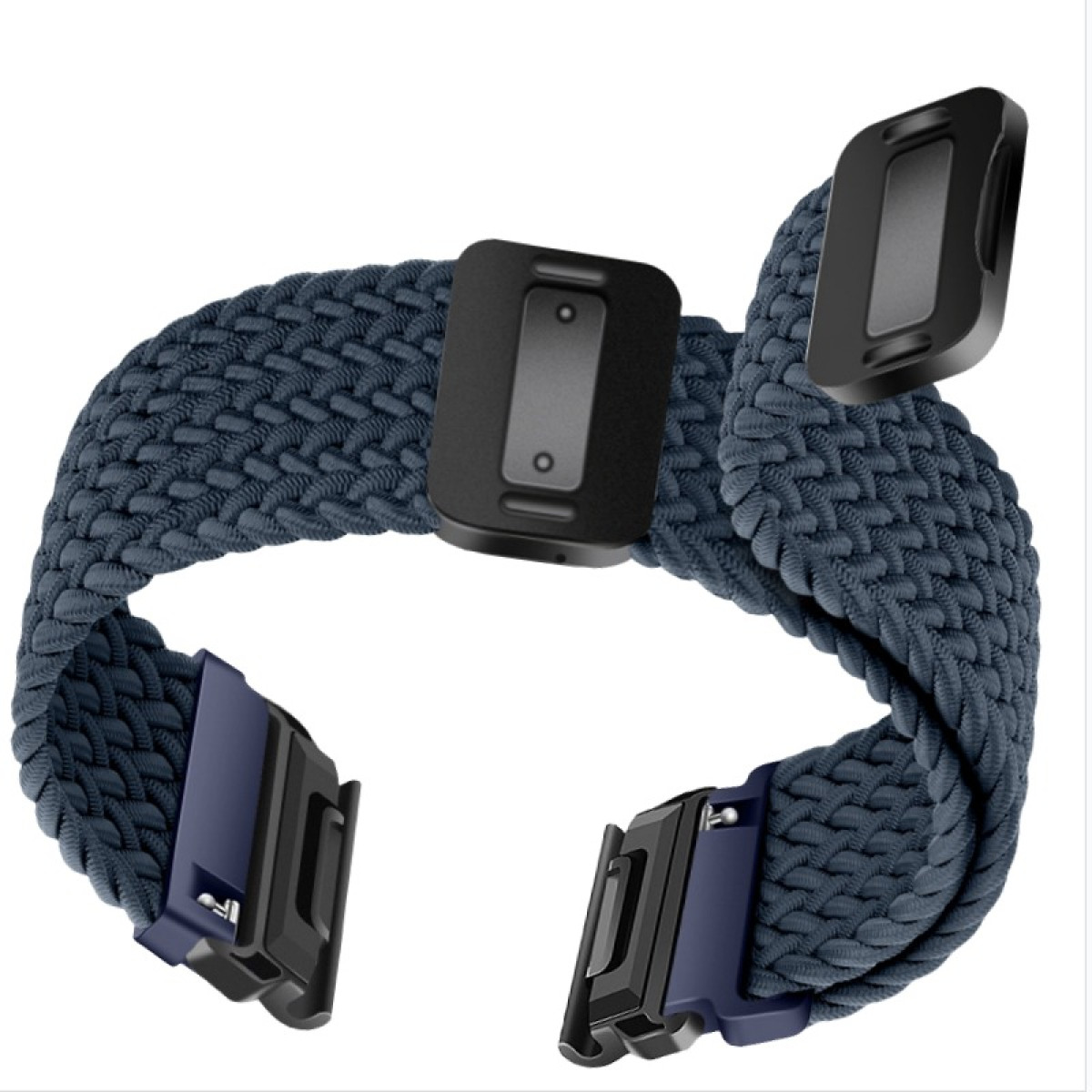 Dunkelblaues geflochtenes Uhrenarmband mit schwarzen Verschlüssen. Das Band hat schwarze rechteckige Verbinder und Verschlüsse auf weißem Hintergrund.