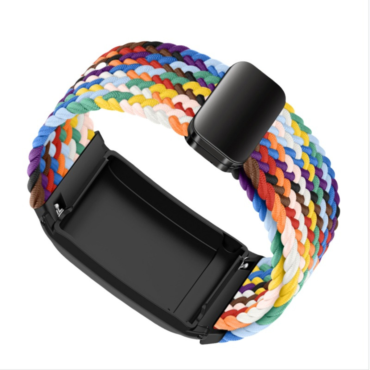 Un cinturino colorato intrecciato con chiusura e corpo dell'orologio neri. Il cinturino presenta un mix di colori arcobaleno.