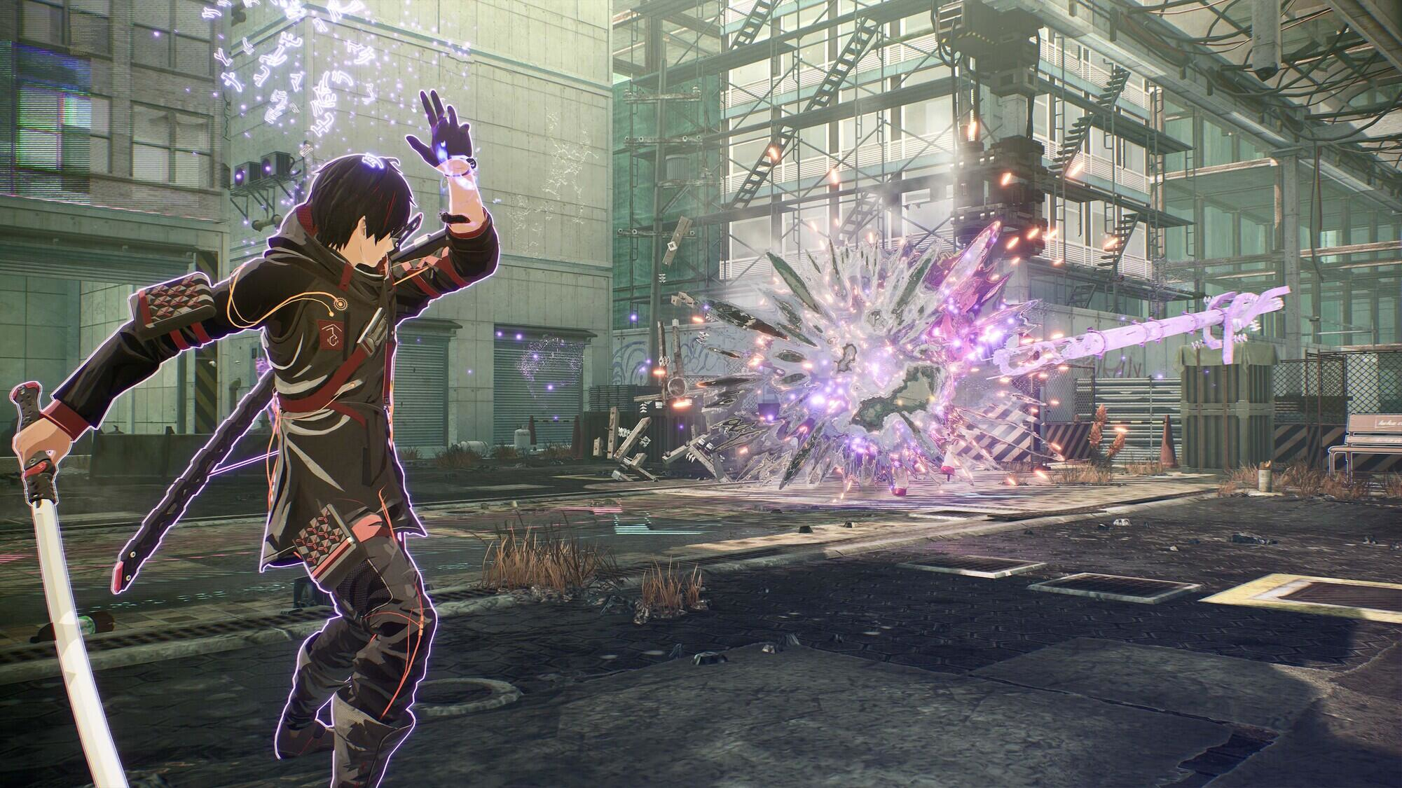 Postać w czarno-czerwonej zbroi podnosi rękę. Wybuchy energii eksplodują w pobliżu broni. Przemysłowe tło z ławką.