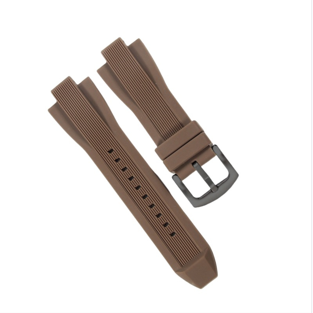 Zwei braune Uhrenarmbänder mit schwarzer Schnalle. Ein Armband hat Text. Der Hintergrund ist weiß.