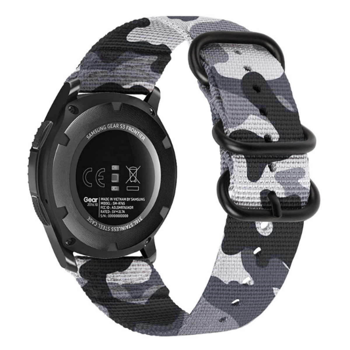 Eine Samsung Gear S3 Frontier Smartwatch mit grau-schwarzem Camouflage-Armband. Die Uhr ist schwarz, mit sichtbaren Details.