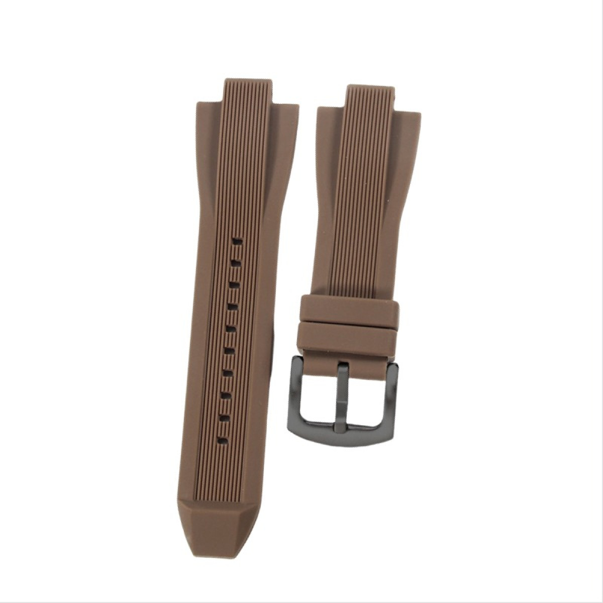 Zwei braune Uhrenarmbänder mit vertikalen Linien. Ein Armband hat eine Schnalle. Weißer Hintergrund.