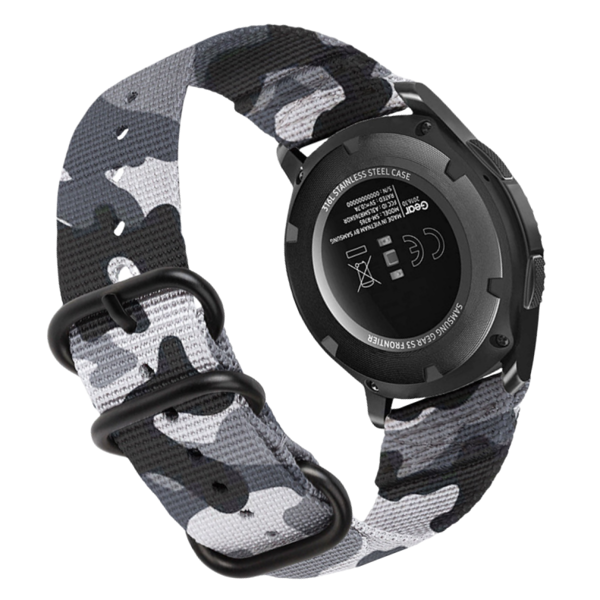 Eine Samsung Gear S3 Frontier Smartwatch mit grauem Camouflage-Armband ist abgebildet. Die Uhr ist schwarz, Details auf der Rückseite sichtbar.