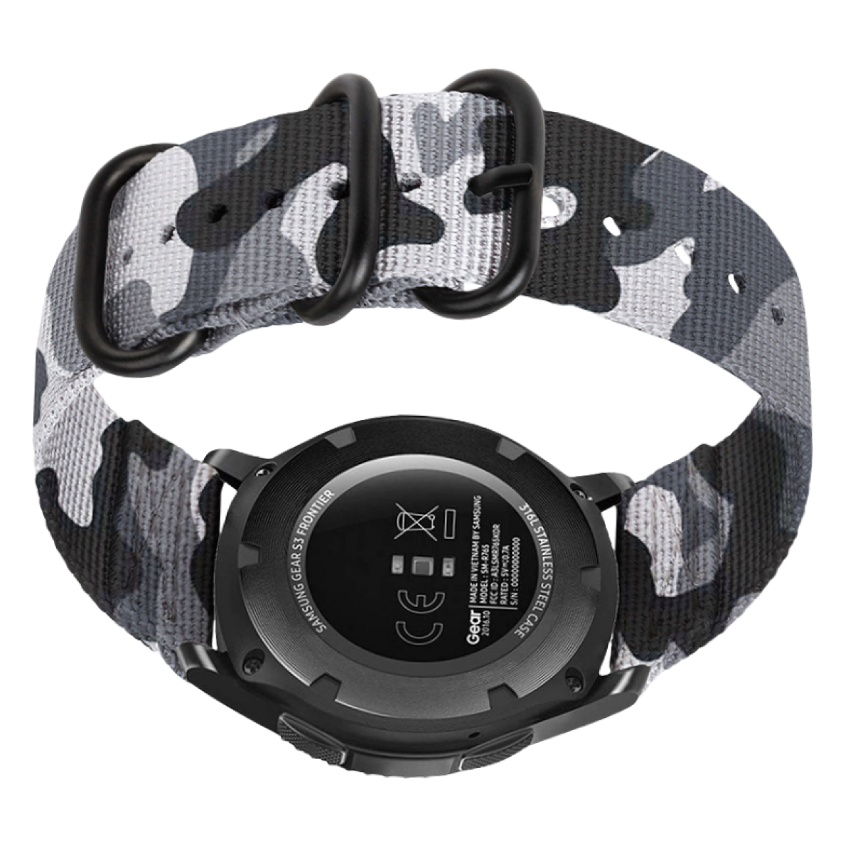 Eine Samsung Gear S3 Frontier Smartwatch mit grau-schwarzem Camouflage-Armband. Das Zifferblatt ist schwarz, das Armband hat schwarze Metallschlaufen.