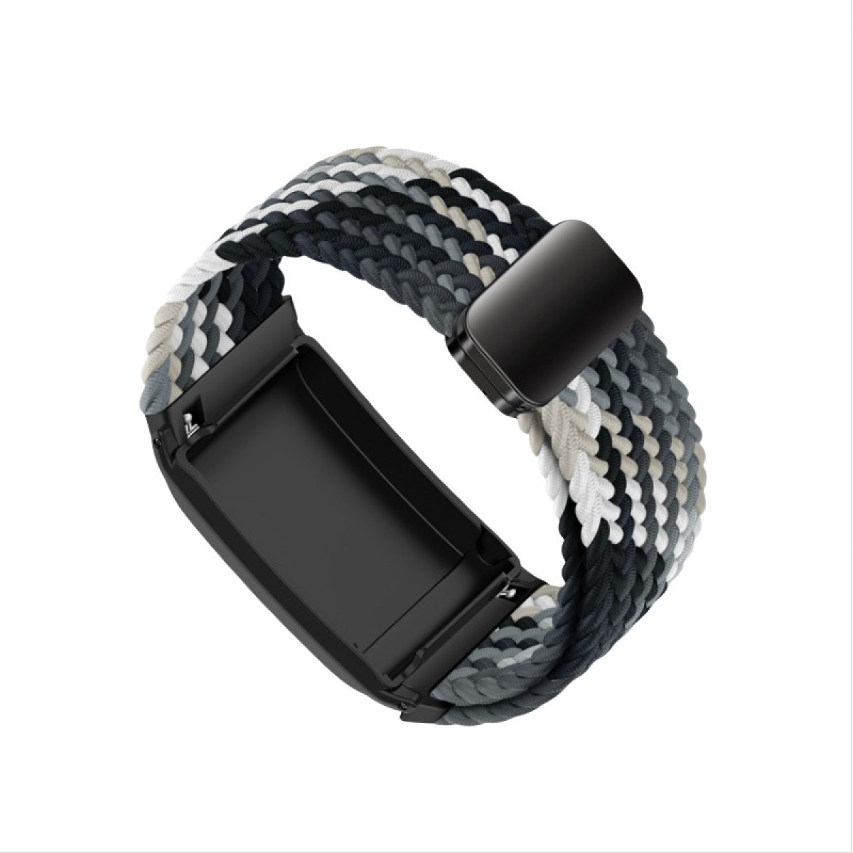 Ein geflochtenes Smartwatch-Armband mit schwarzen, grauen und weißen Fäden. Es hat einen schwarzen rechteckigen Verschluss und ein schwarzes Uhrengehäuse.